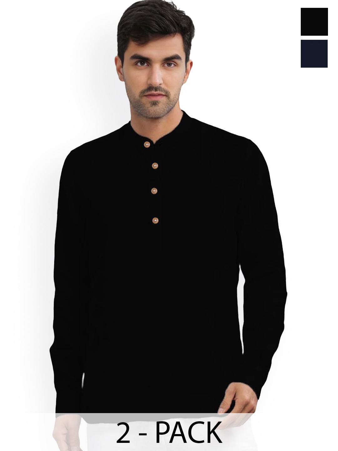 Vida Loca Pack Of 2 Band Collar Roll-Up Sleeves Cotton Straight Short Kurtas, Black
Vida Loca Pack Of 2 Band Collar Roll-Up Sleeves Cotton Straight Short Kurtas, Black