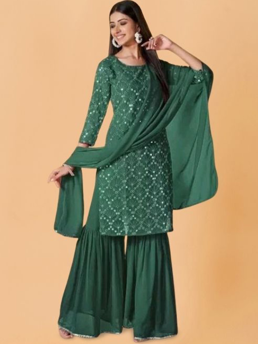PARROT CREATION Floral Embroidered Sequinned Georgette Kurta With Sharara And Dupatta, Green
PARROT CREATION Floral Embroidered Sequinned Georgette Kurta With Sharara And Dupatta, Green