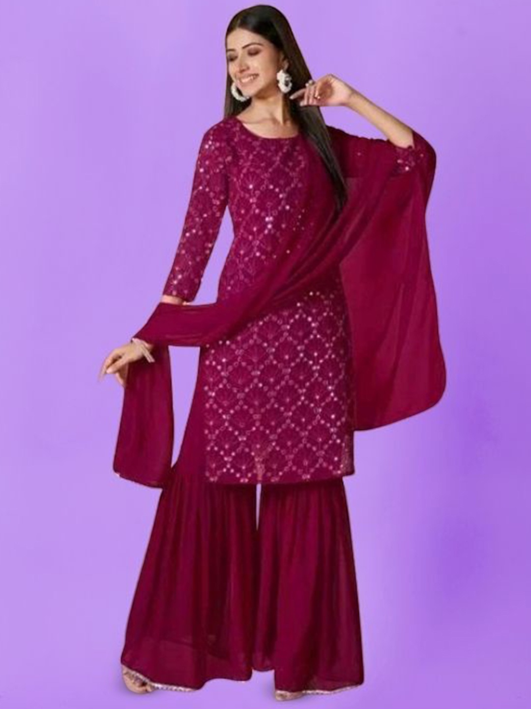 PARROT CREATION Floral Embroidered Sequinned Georgette Kurta With Sharara And Dupatta, Pink
PARROT CREATION Floral Embroidered Sequinned Georgette Kurta With Sharara And Dupatta, Pink