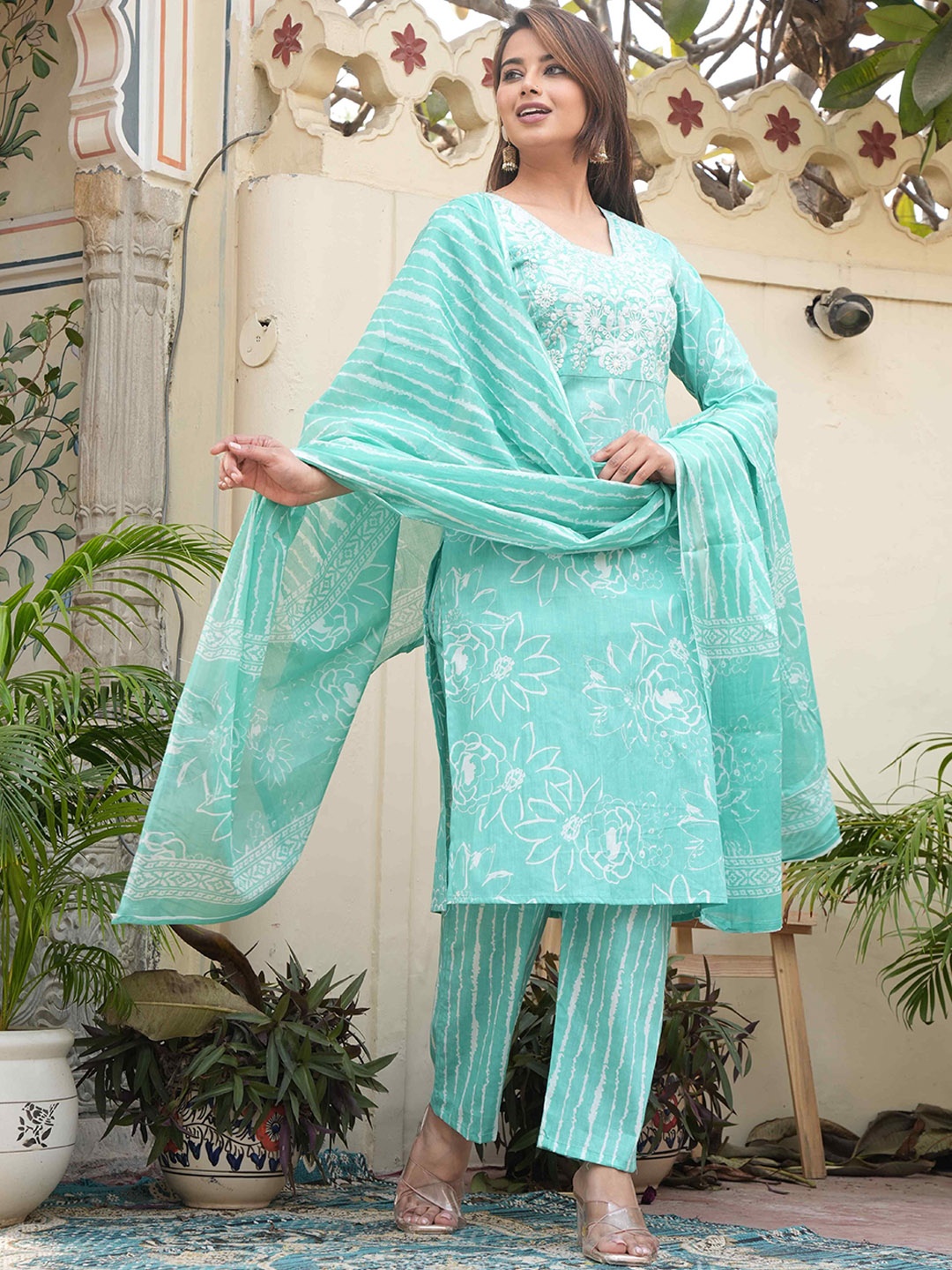 RI AND SU Floral Embroidered V-Neck Pure Cotton Straight Kurta With Trouser & Dupatta, Blue
RI AND SU Floral Embroidered V-Neck Pure Cotton Straight Kurta With Trouser & Dupatta, Blue