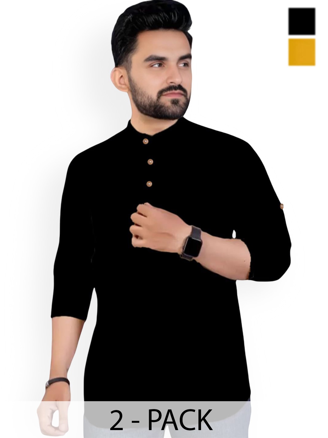 Vida Loca Selection Of 2 Band Collar Pure Cotton Slim Fit Straight Short Kurtas, Black
Vida Loca Selection Of 2 Band Collar Pure Cotton Slim Fit Straight Short Kurtas, Black