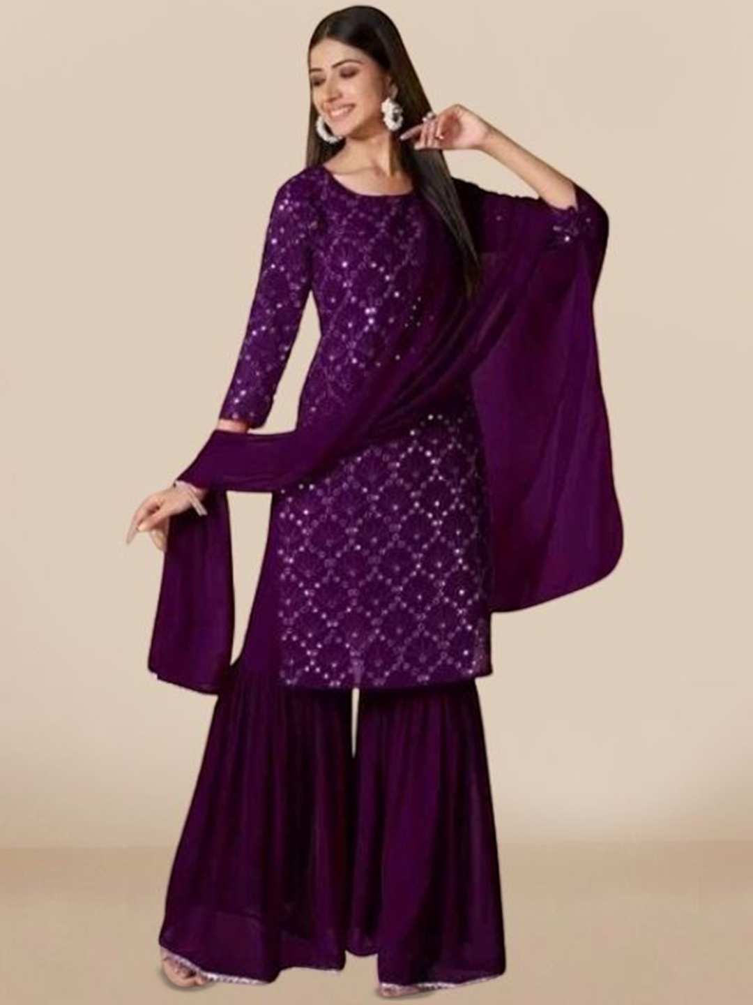 PARROT CREATION Geometric Embroidered Georgette Straight Kurta With Sharara & Dupatta, Burgundy
PARROT CREATION Geometric Embroidered Georgette Straight Kurta With Sharara & Dupatta, Burgundy