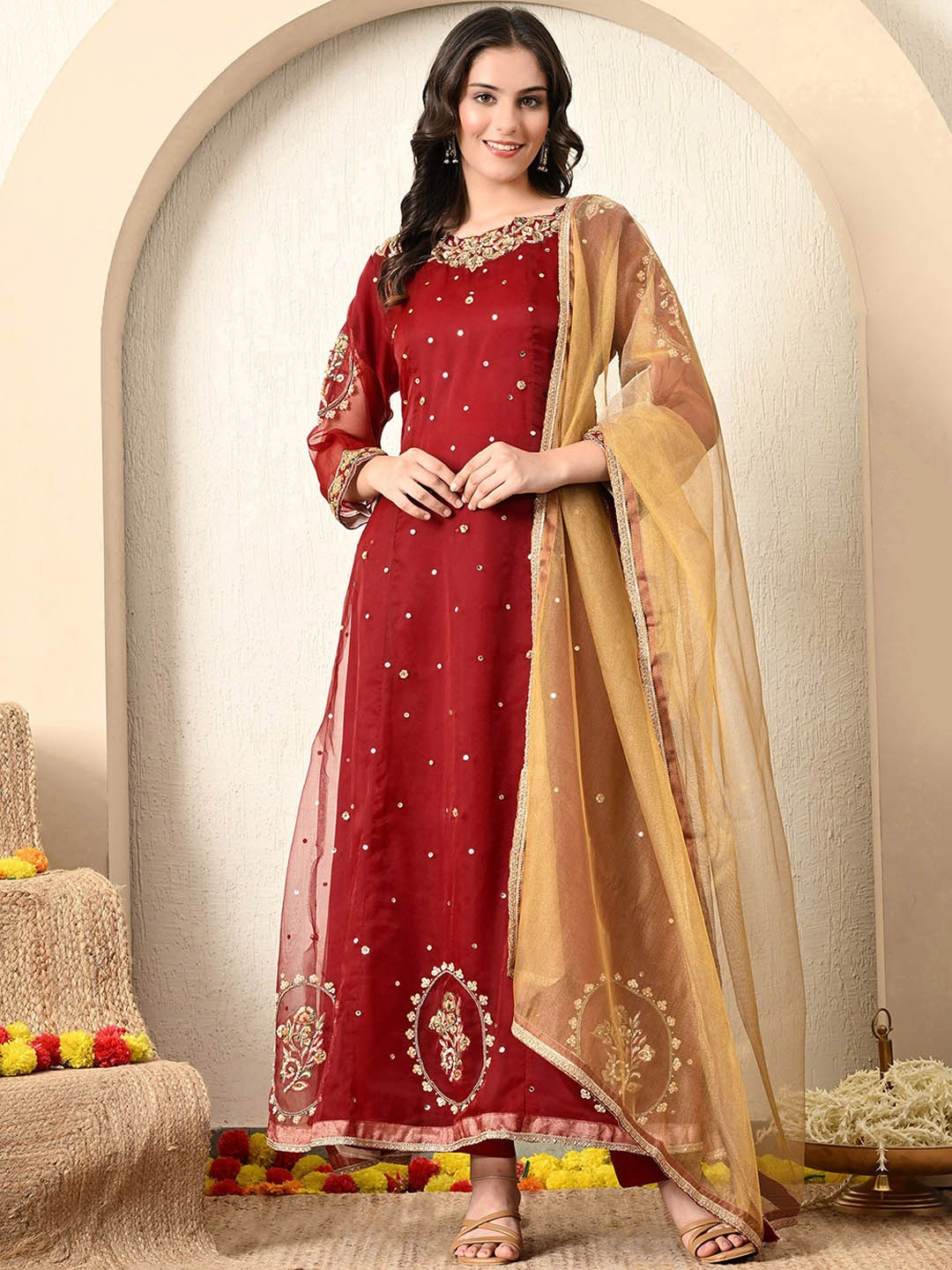 ZARIKALI Floral Embroidered Zardozi Work Organza Anarkali Kurta With Trousers & Dupatta, Maroon
ZARIKALI Floral Embroidered Zardozi Work Organza Anarkali Kurta With Trousers & Dupatta, Maroon