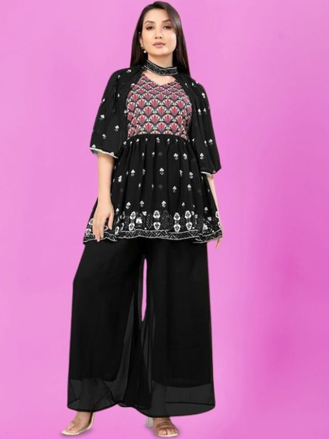 PARROT CREATION Floral Embroidered Georgette Anarkali Kurti With Sharara, Black
PARROT CREATION Floral Embroidered Georgette Anarkali Kurti With Sharara, Black