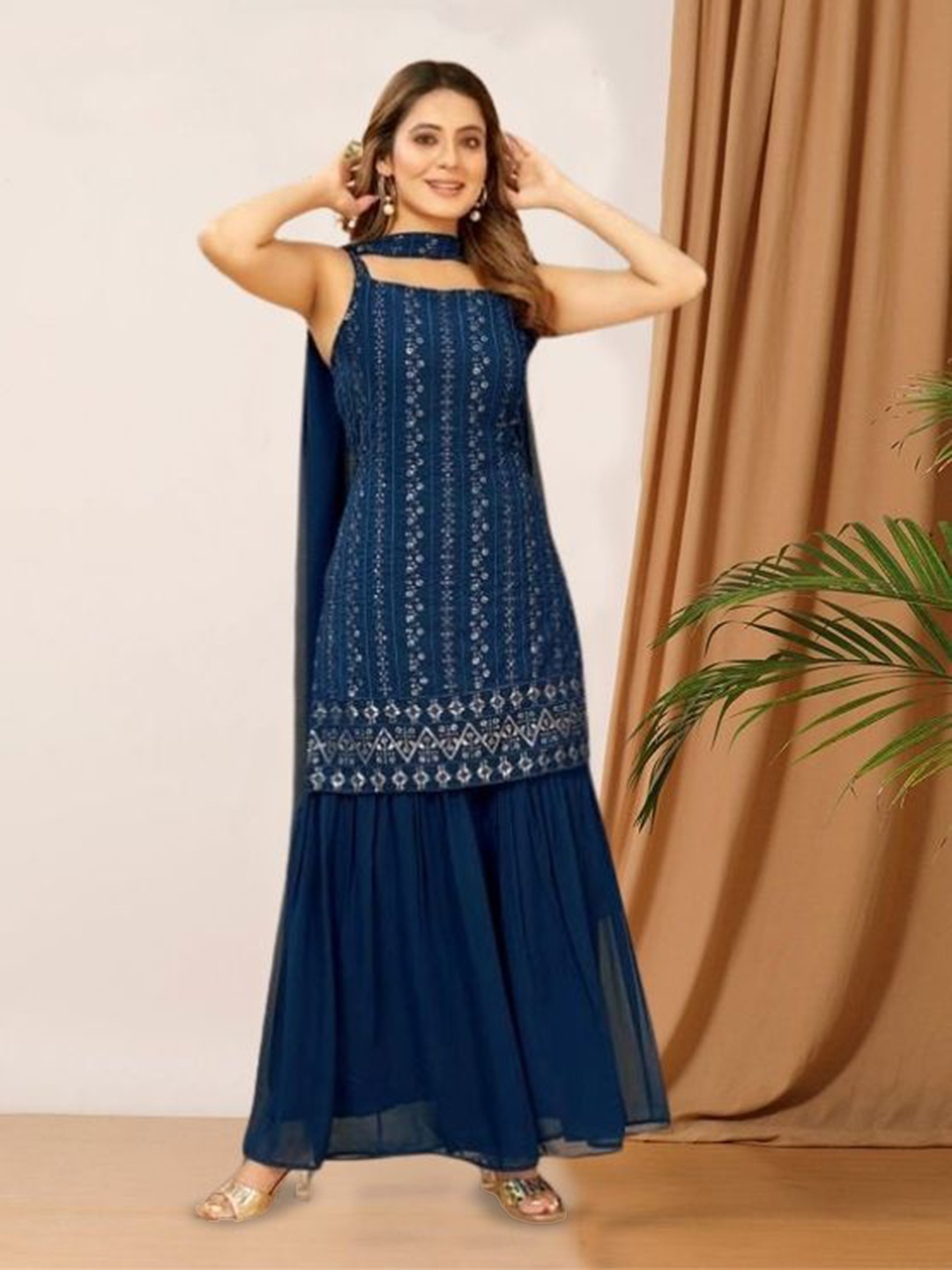 PARROT CREATION Floral Embroidered Georgette A-Line Kurti With Sharara And Dupatta, Navy blue
PARROT CREATION Floral Embroidered Georgette A-Line Kurti With Sharara And Dupatta, Navy blue