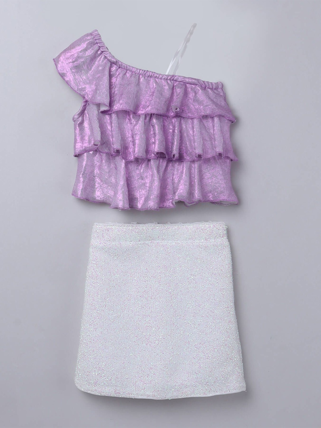 taffykids Girls Foil Printed One Shoulder Ruffle Metallic Crop Top With Skirt, Purple
taffykids Girls Foil Printed One Shoulder Ruffle Metallic Crop Top With Skirt, Purple
