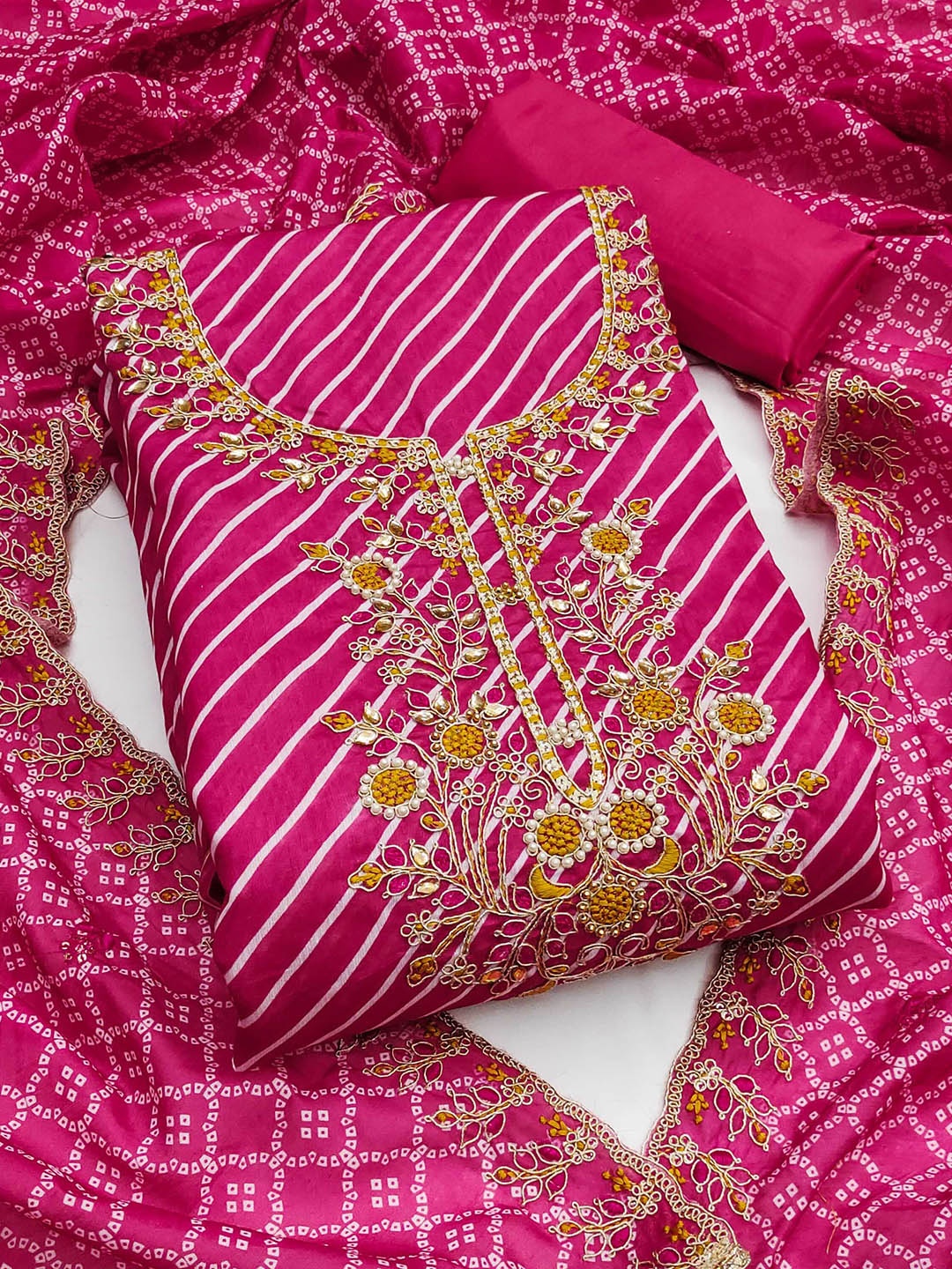 SAINOOR Leheriya Printed Beads And Stones Embroidered Semi-Stitched Dress Material, Pink
SAINOOR Leheriya Printed Beads And Stones Embroidered Semi-Stitched Dress Material, Pink