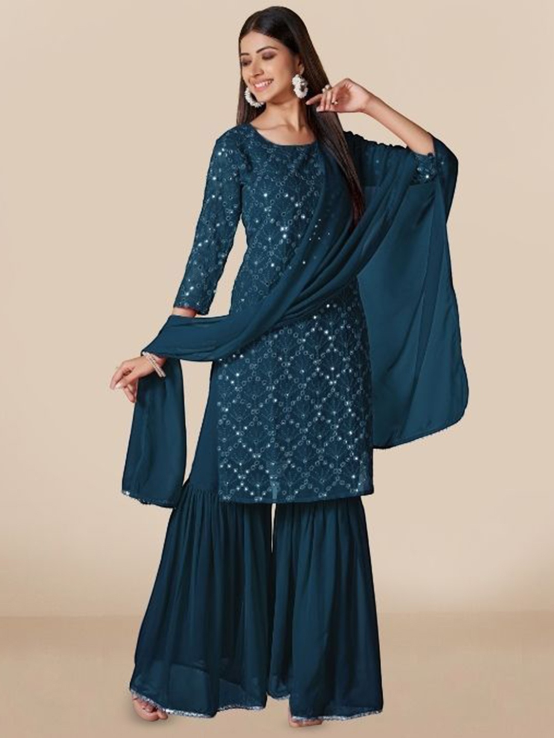 PARROT CREATION Floral Embroidered Georgette Straight Kurta With Sharara & Dupatta, Teal
PARROT CREATION Floral Embroidered Georgette Straight Kurta With Sharara & Dupatta, Teal