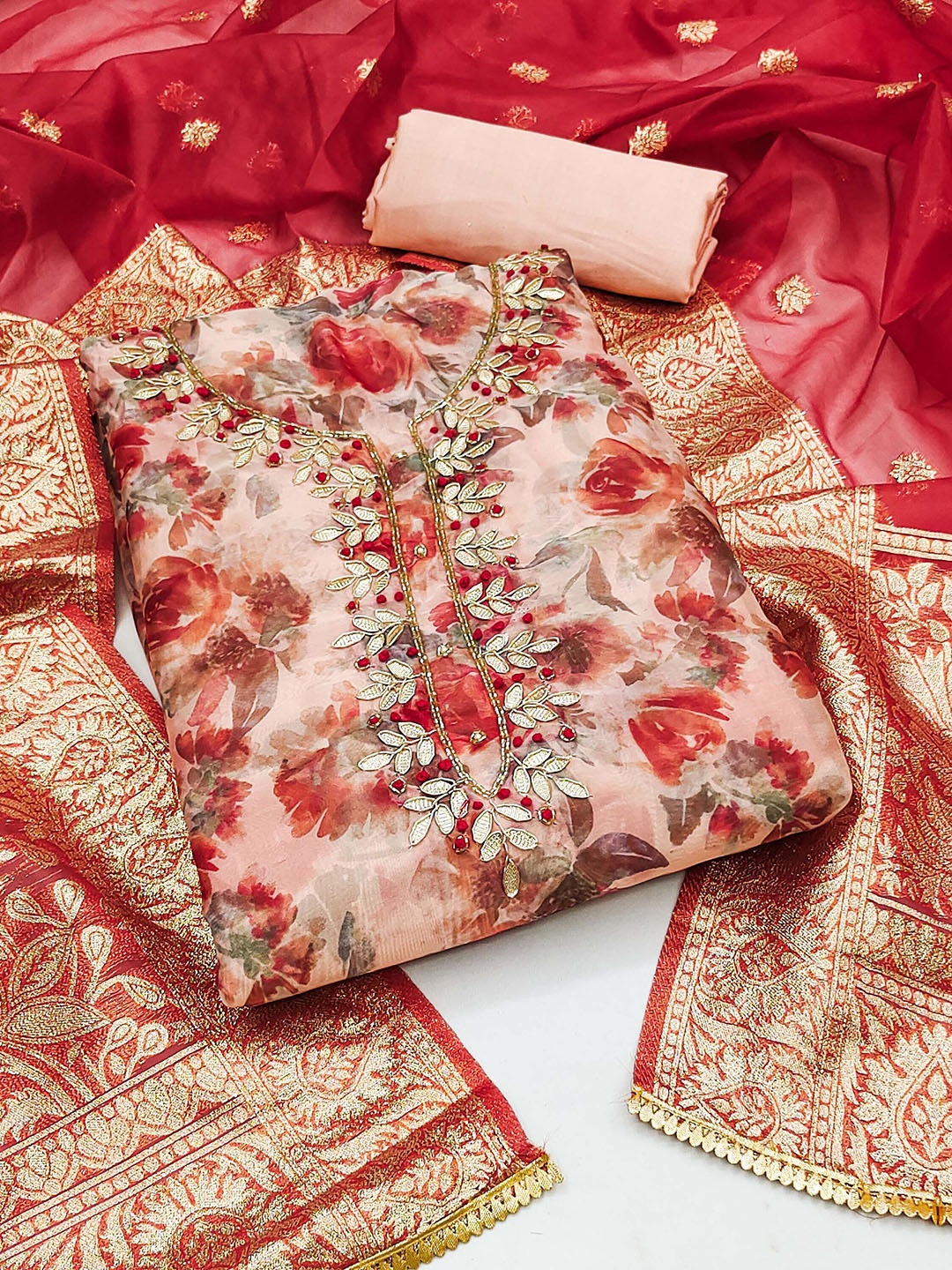 SAINOOR Floral Printed Gotta Pattti Work Organza Semi-Stitched Dress Material, Beige
SAINOOR Floral Printed Gotta Pattti Work Organza Semi-Stitched Dress Material, Beige