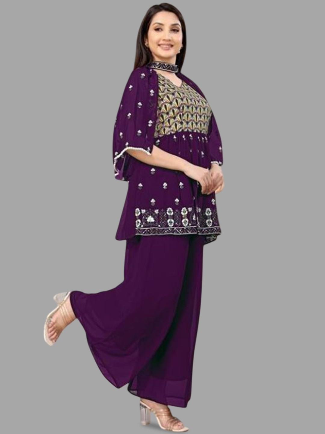 PARROT CREATION Embroidered Straight Sequinned Kurti With Palazzos And Dupatta, Purple
PARROT CREATION Embroidered Straight Sequinned Kurti With Palazzos And Dupatta, Purple
