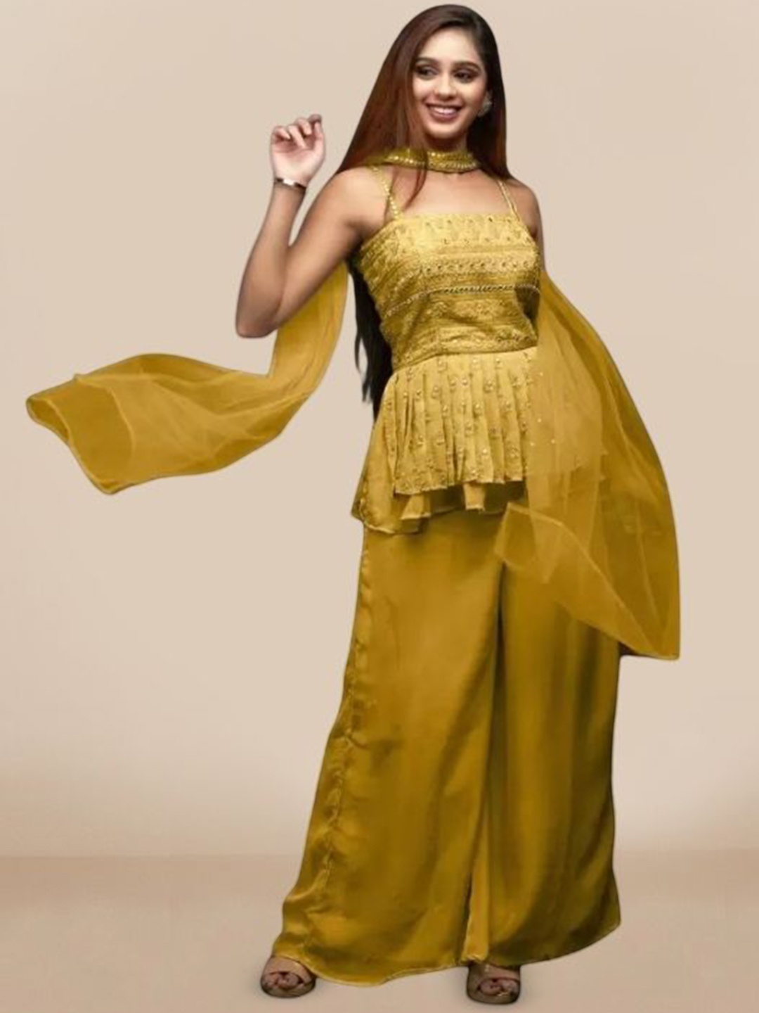 PARROT CREATION Floral Embroidered Thread Work Georgette Kurti With Palazzos And Dupatta, Yellow
PARROT CREATION Floral Embroidered Thread Work Georgette Kurti With Palazzos And Dupatta, Yellow