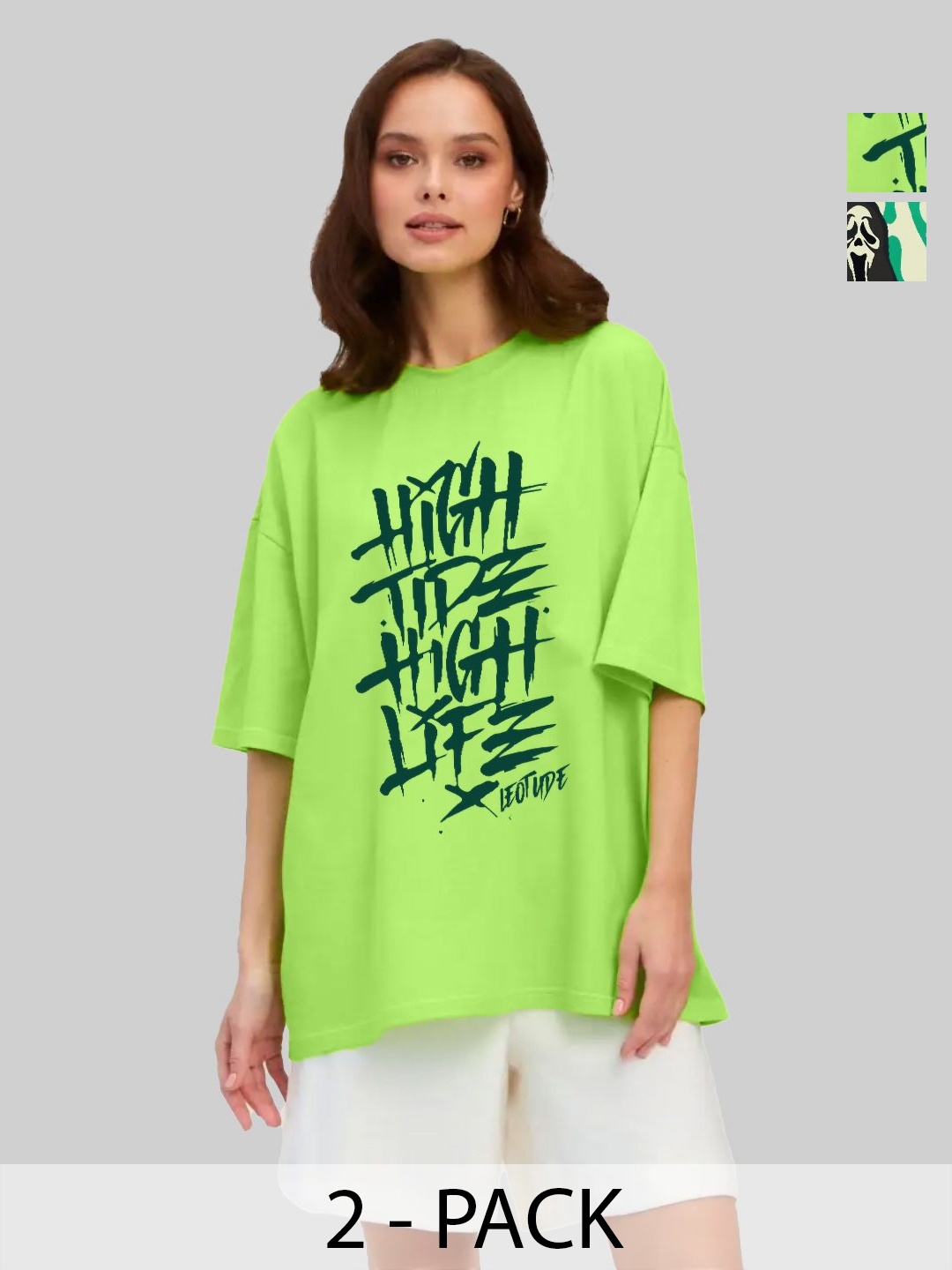 Leotude Women Pack Of 2 Graphic Printed Round Neck Cotton Oversized T-shirts, Lime green
Leotude Women Pack Of 2 Graphic Printed Round Neck Cotton Oversized T-shirts, Lime green