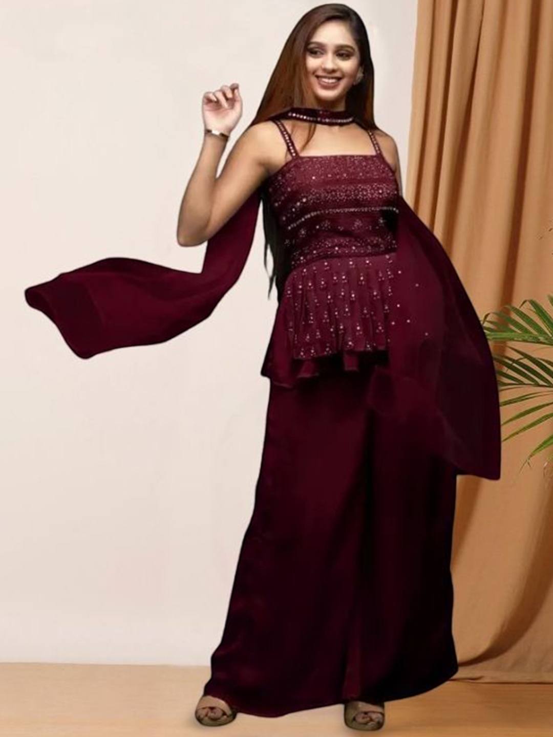 PARROT CREATION Embroidered Straight Sequinned Kurti With Palazzos And Dupatta, Maroon
PARROT CREATION Embroidered Straight Sequinned Kurti With Palazzos And Dupatta, Maroon