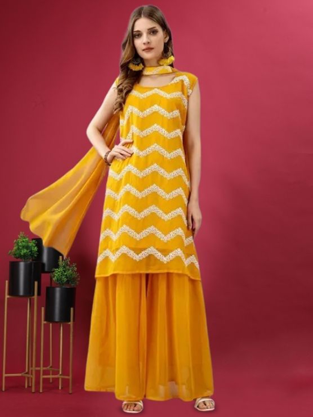 PARROT CREATION Embroidered Straight Sequinned Kurti With Sharara And Dupatta, Yellow
PARROT CREATION Embroidered Straight Sequinned Kurti With Sharara And Dupatta, Yellow