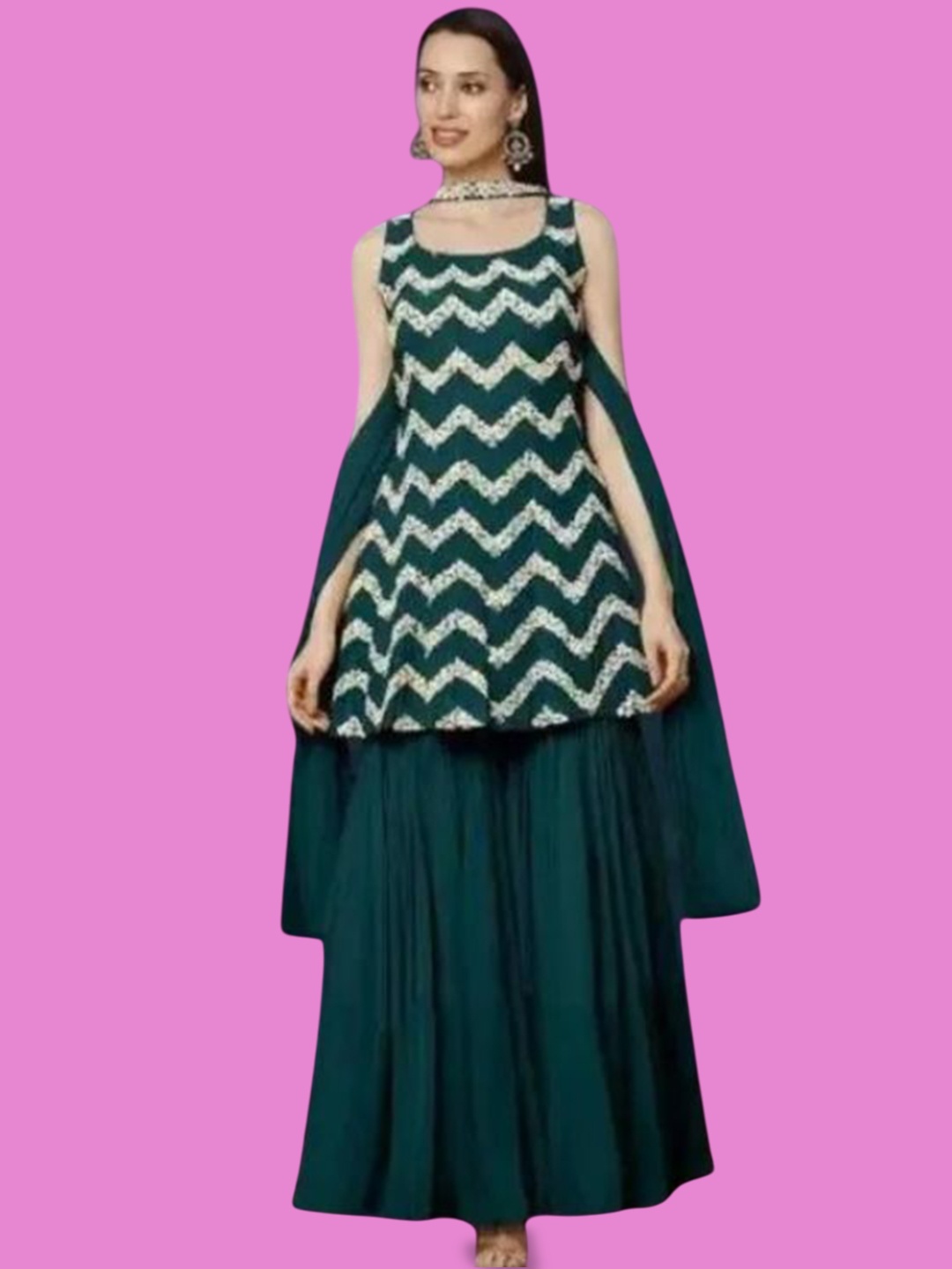 PARROT CREATION Embroidered Straight Sequinned Kurti With Sharara And Dupatta, Green
PARROT CREATION Embroidered Straight Sequinned Kurti With Sharara And Dupatta, Green