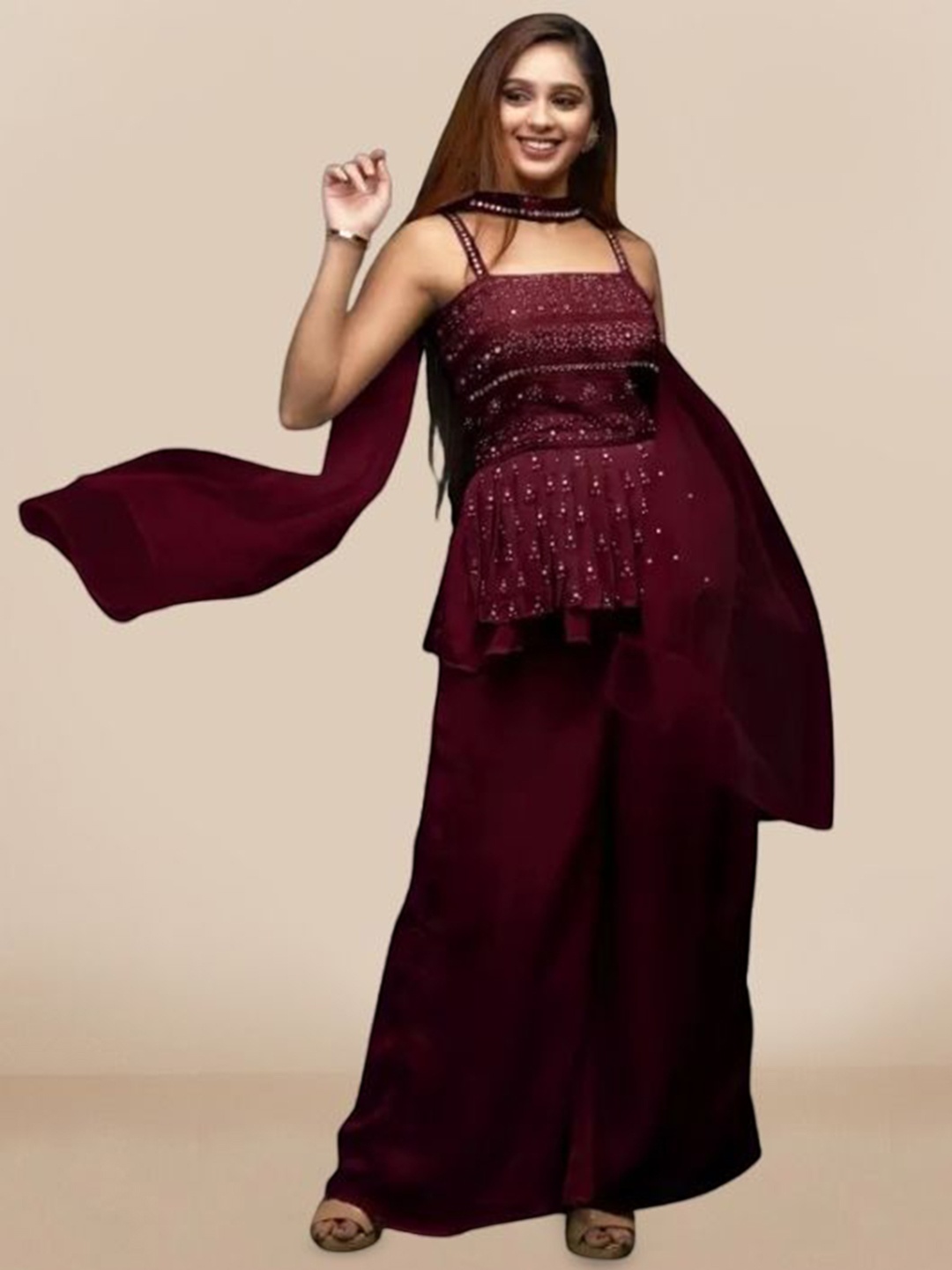 PARROT CREATION Floral Embroidered Sequinned Georgette Kurti With Palazzos And Dupatta, Maroon
PARROT CREATION Floral Embroidered Sequinned Georgette Kurti With Palazzos And Dupatta, Maroon