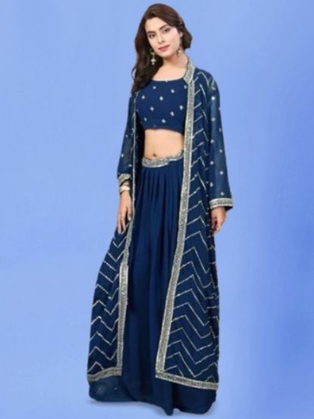 PARROT CREATION Floral Embroidered Poly Georgette Crop Top With Long Shrug & Skirt, Blue
PARROT CREATION Floral Embroidered Poly Georgette Crop Top With Long Shrug & Skirt, Blue