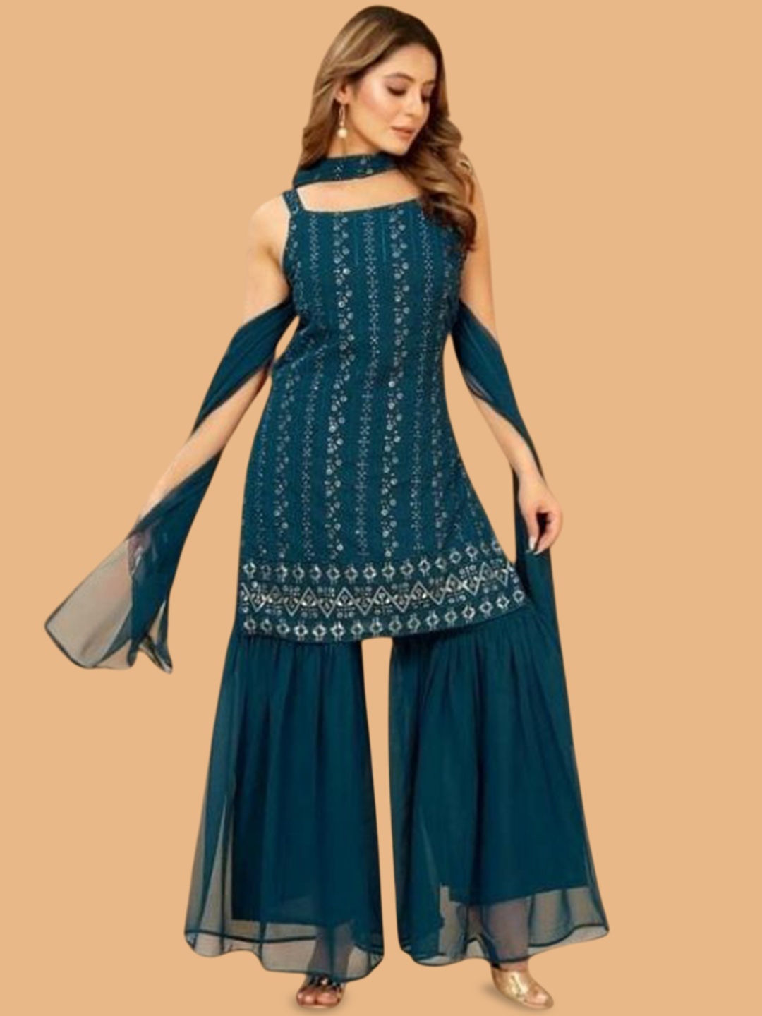 PARROT CREATION Floral Embroidered Sequinned Georgette Kurti With Sharara And Dupatta, Turquoise blue
PARROT CREATION Floral Embroidered Sequinned Georgette Kurti With Sharara And Dupatta, Turquoise blue