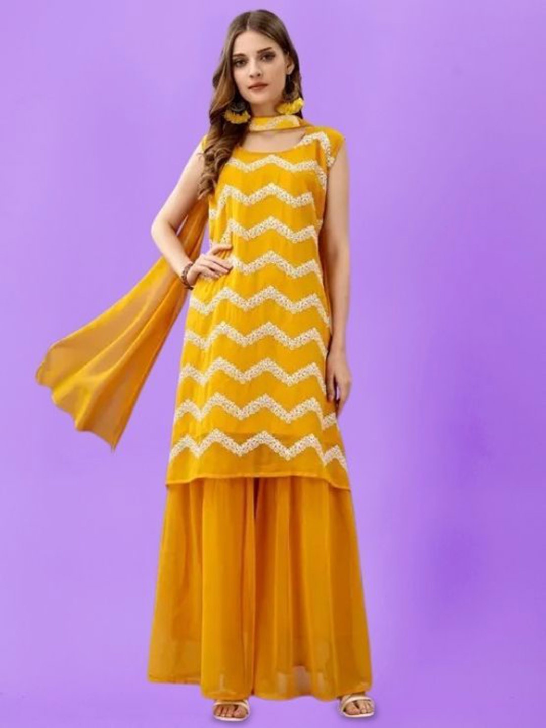 PARROT CREATION Embroidered Straight Sequinned Kurti With Sharara And Dupatta, Yellow
PARROT CREATION Embroidered Straight Sequinned Kurti With Sharara And Dupatta, Yellow
