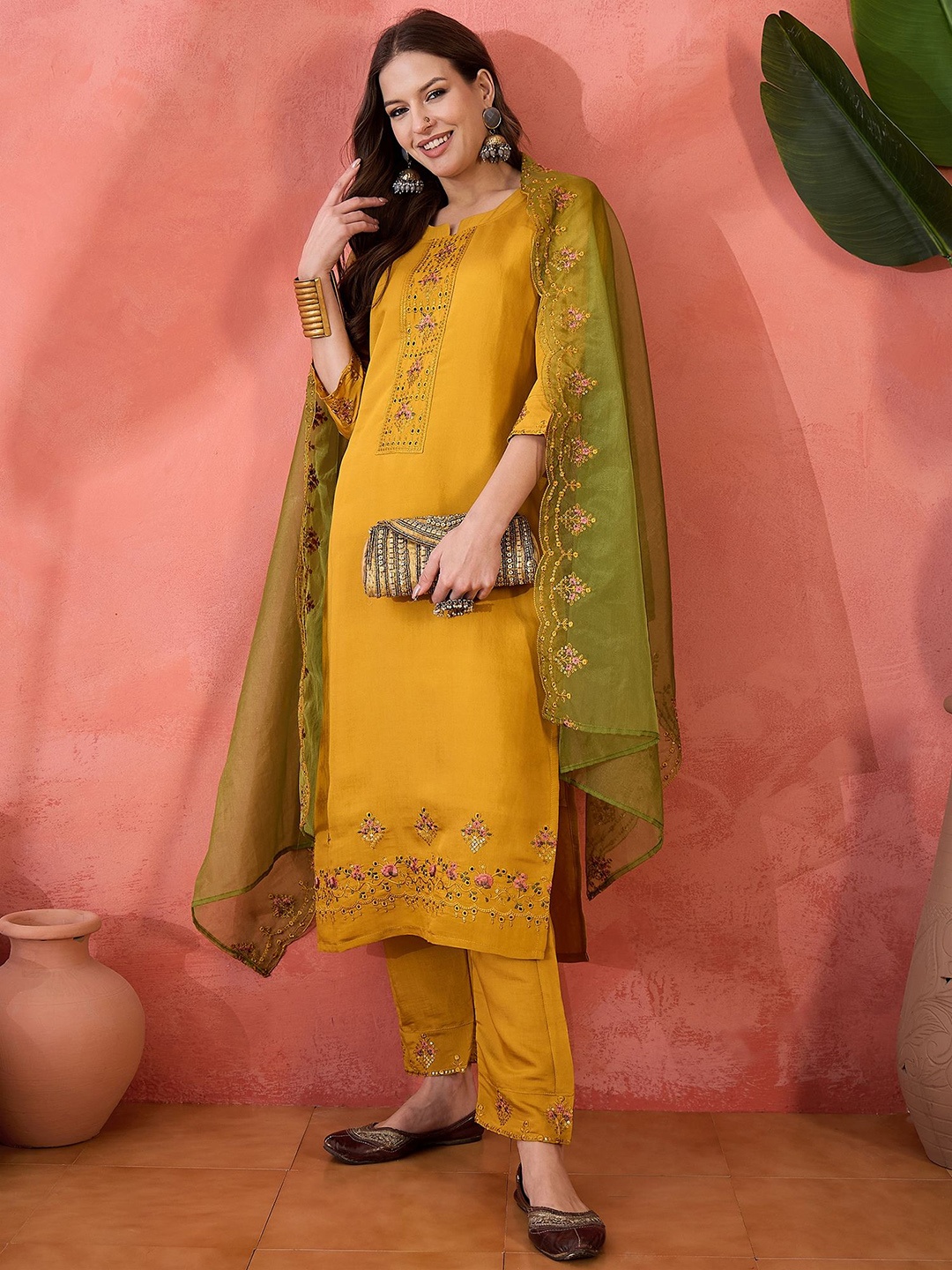 Sangria Floral Embroidered Sequinned Notch Neck Straight Kurta With Trousers And Dupatta, Mustard
Sangria Floral Embroidered Sequinned Notch Neck Straight Kurta With Trousers And Dupatta, Mustard