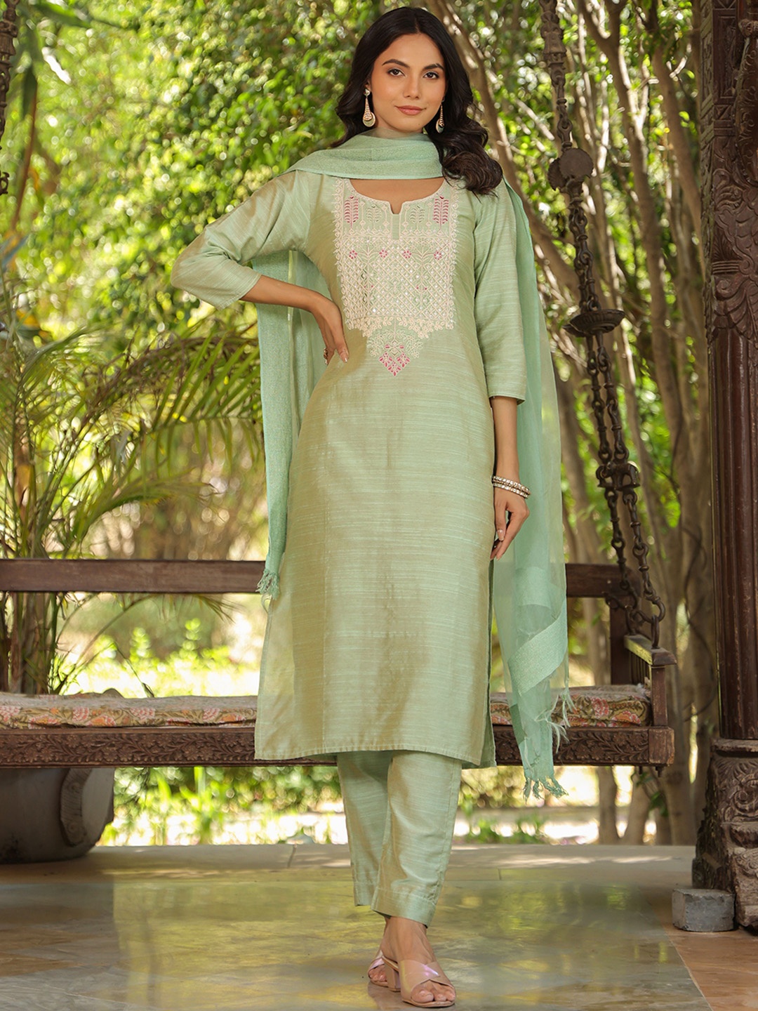 KALINI Floral Embroidered Notch Neck Sequinned Straight Kurta With Trousers & Dupatta, Sea green
KALINI Floral Embroidered Notch Neck Sequinned Straight Kurta With Trousers & Dupatta, Sea green