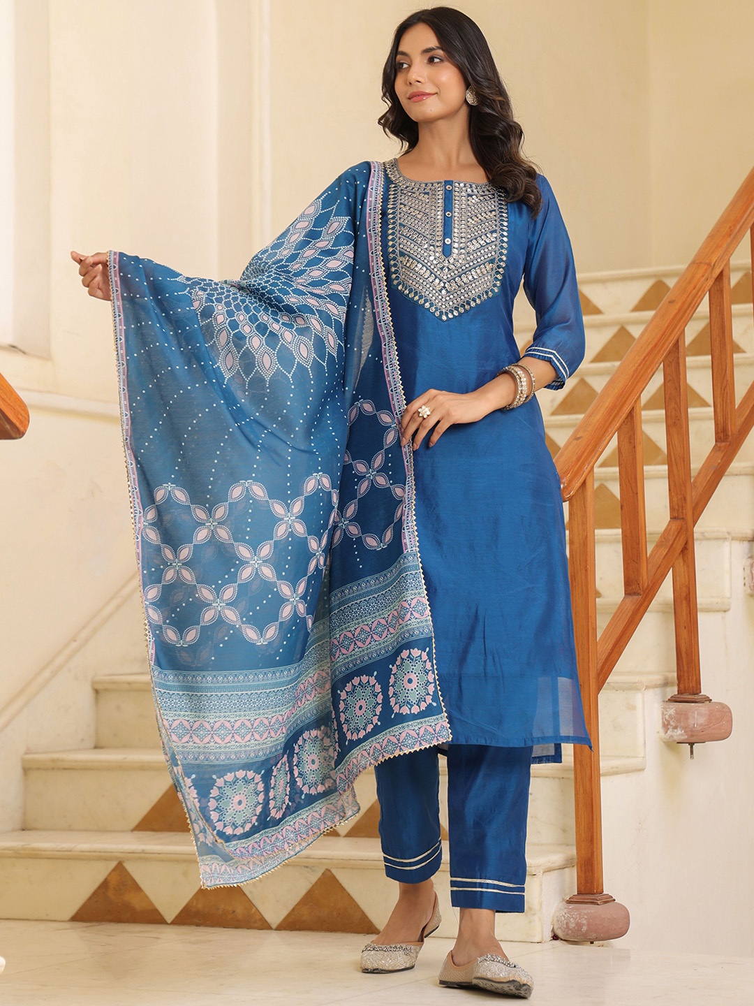 KALINI Geometric Yoke Design Sequinned Chanderi Silk Kurta With Trousers & Dupatta, Blue
KALINI Geometric Yoke Design Sequinned Chanderi Silk Kurta With Trousers & Dupatta, Blue