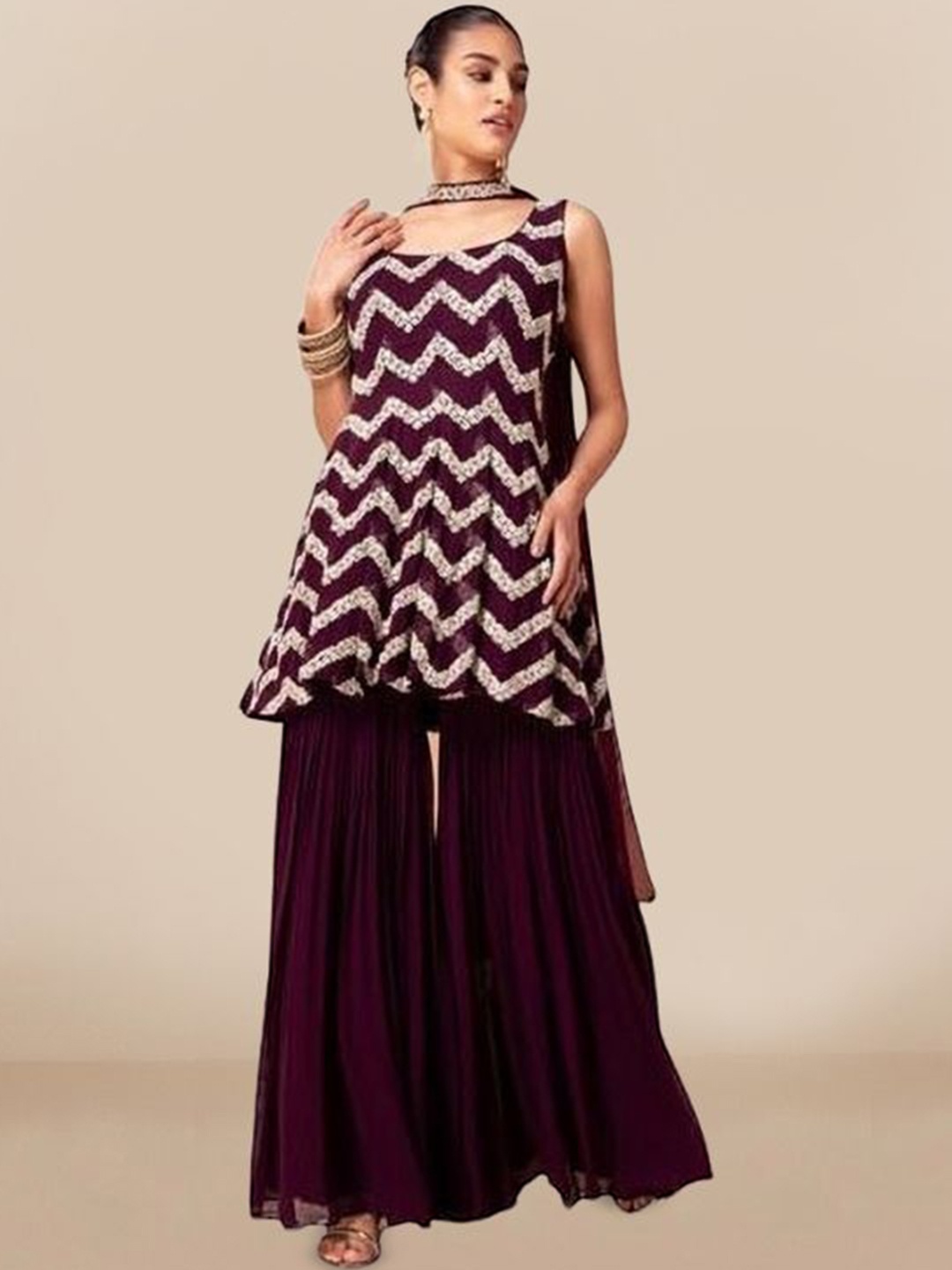 PARROT CREATION Chevron Embroidered Georgette A-Line Kurti With Sharara And Dupatta, Purple
PARROT CREATION Chevron Embroidered Georgette A-Line Kurti With Sharara And Dupatta, Purple