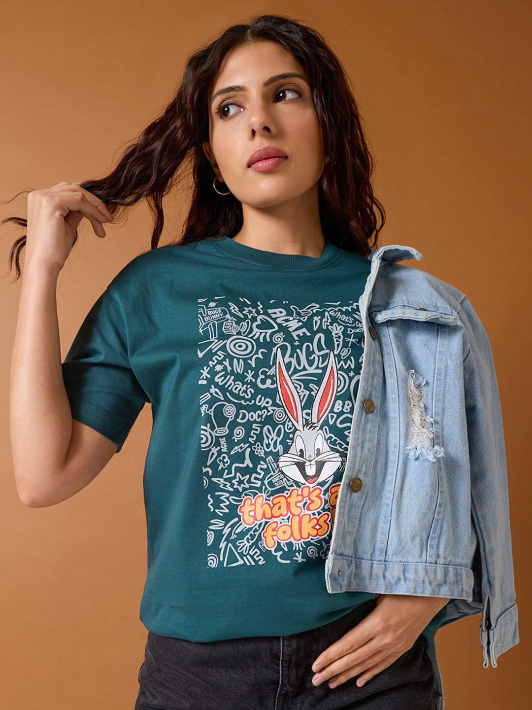 Kook N Keech Looney Tunes Women Bugs Bunny Graphic Printed Cotton Relaxed Fit T-shirt, Teal
Kook N Keech Looney Tunes Women Bugs Bunny Graphic Printed Cotton Relaxed Fit T-shirt, Teal