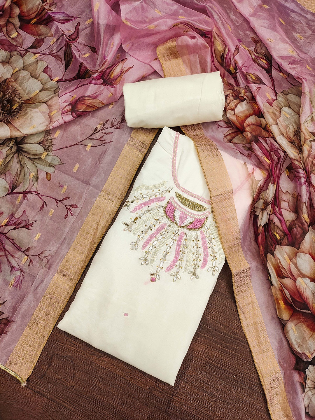 SAINOOR Floral Embellished Beaded Pure Silk Semi-Stitched Dress Material, White
SAINOOR Floral Embellished Beaded Pure Silk Semi-Stitched Dress Material, White