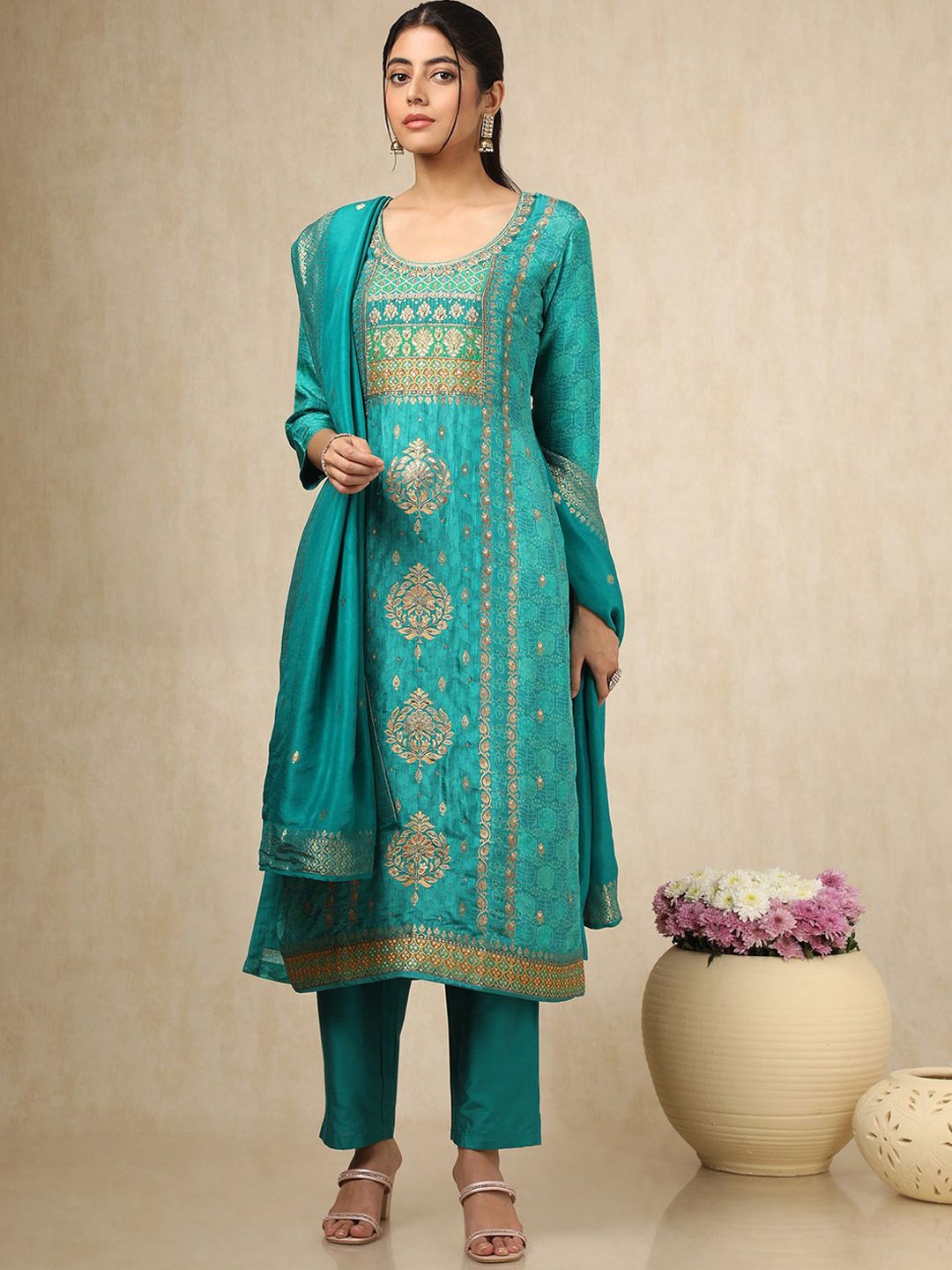 Soch Ethnic Motifs Woven Design Zari Work Straight Kurta With Trouser & Dupatta, Teal
Soch Ethnic Motifs Woven Design Zari Work Straight Kurta With Trouser & Dupatta, Teal
