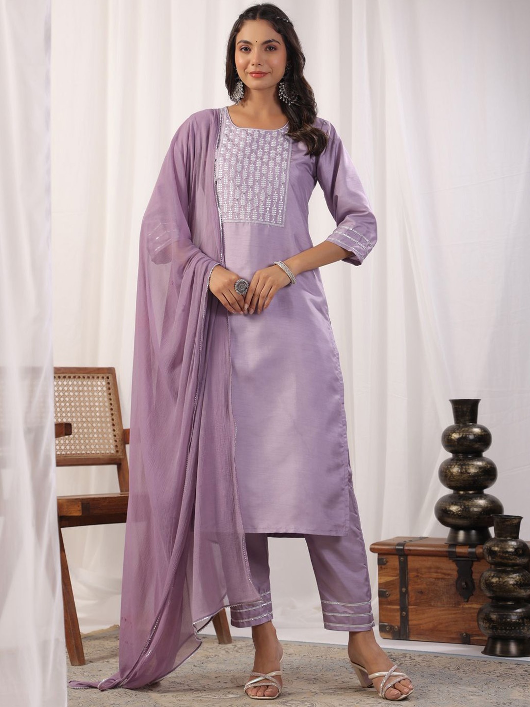 KALINI Floral Yoke Design Thread Work Straight Kurta With Trousers & Dupatta, Lavender
KALINI Floral Yoke Design Thread Work Straight Kurta With Trousers & Dupatta, Lavender