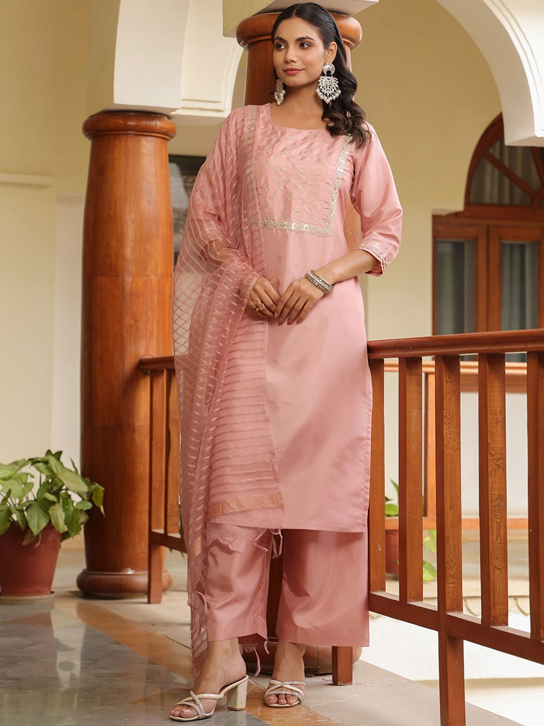 KALINI Floral Embroidered Gotta Patti Round Neck Straight Kurta With Trousers & Dupatta, Peach
KALINI Floral Embroidered Gotta Patti Round Neck Straight Kurta With Trousers & Dupatta, Peach