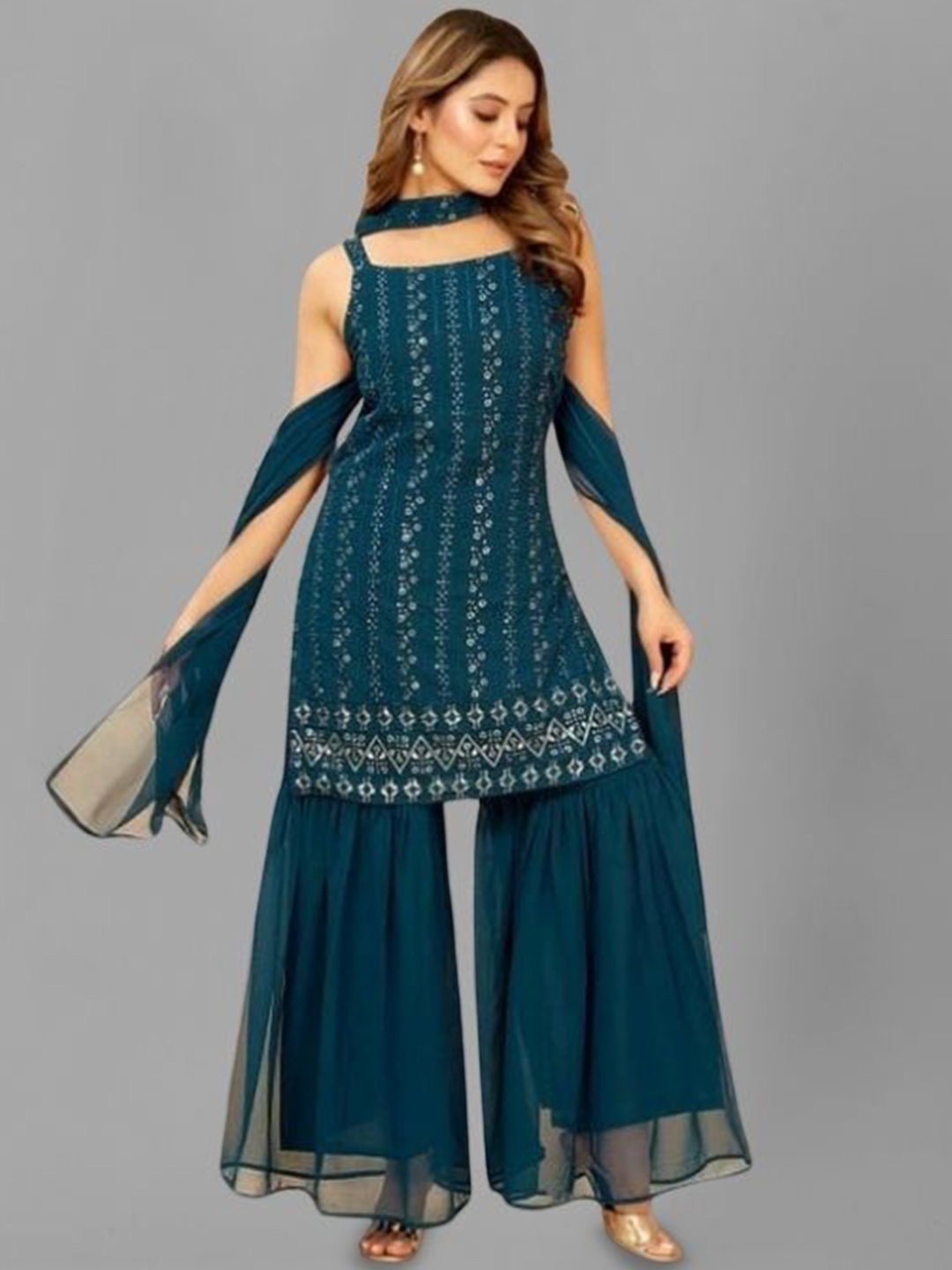 PARROT CREATION Floral Embroidered Georgette A-Line Kurti With Sharara And Dupatta, Teal
PARROT CREATION Floral Embroidered Georgette A-Line Kurti With Sharara And Dupatta, Teal