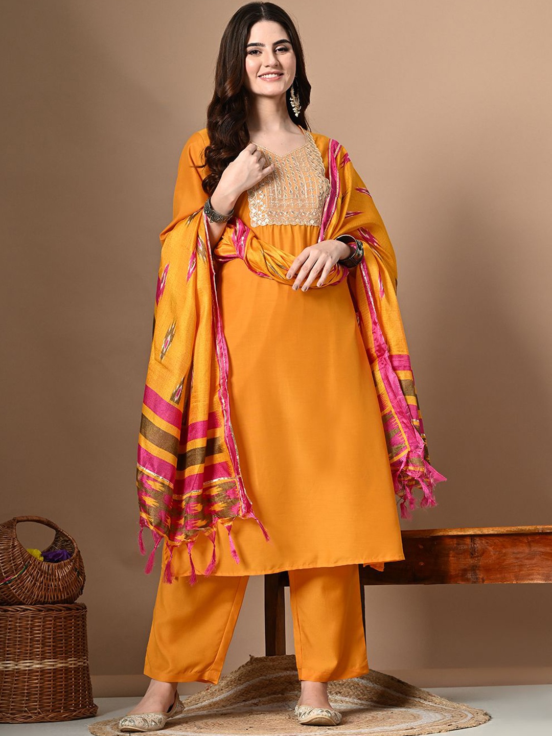 KALINI Floral Embroidered Sequnnied Sweetheart Neck Straight Kurta With Trousers & Dupatta, Yellow
KALINI Floral Embroidered Sequnnied Sweetheart Neck Straight Kurta With Trousers & Dupatta, Yellow