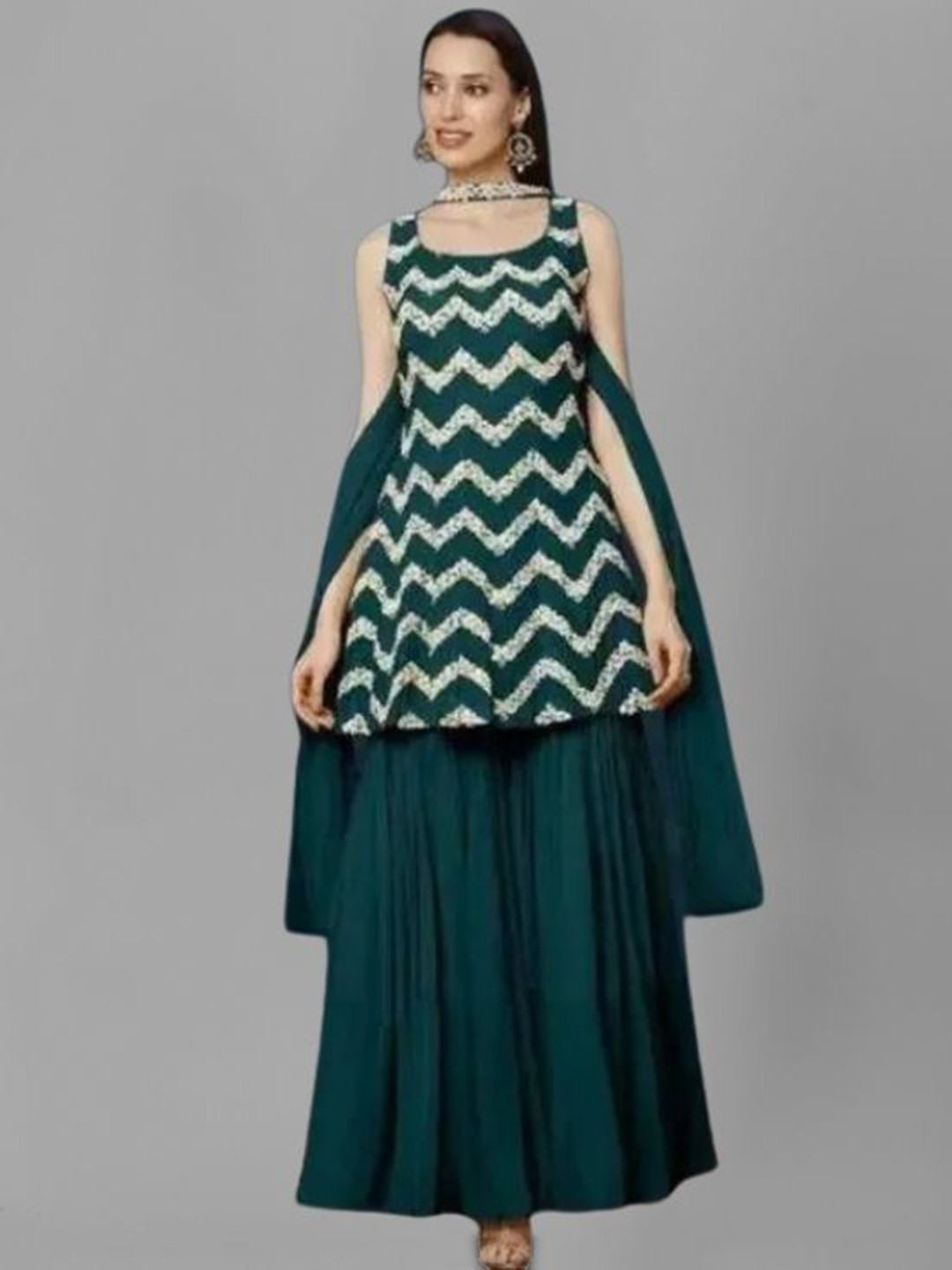 PARROT CREATION Chevron Embroidered Georgette A-Line Kurti With Palazzo And Dupatta, Turquoise blue
PARROT CREATION Chevron Embroidered Georgette A-Line Kurti With Palazzo And Dupatta, Turquoise blue