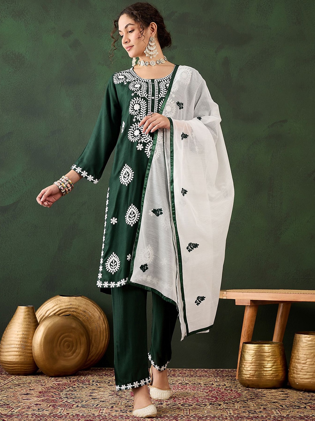 Maroosh Floral Embroidered Round Neck Thread Work Kurta With Palazzo & Dupatta, Green
Maroosh Floral Embroidered Round Neck Thread Work Kurta With Palazzo & Dupatta, Green