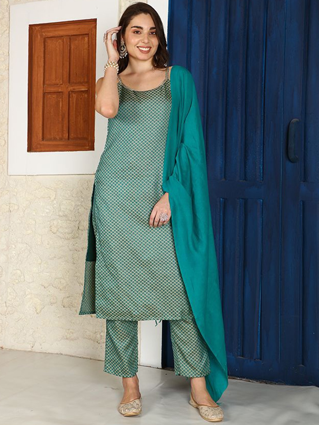 KALINI Checked Shoulder Straps Straight Kurta With Trouser And Dupatta, Turquoise blue
KALINI Checked Shoulder Straps Straight Kurta With Trouser And Dupatta, Turquoise blue