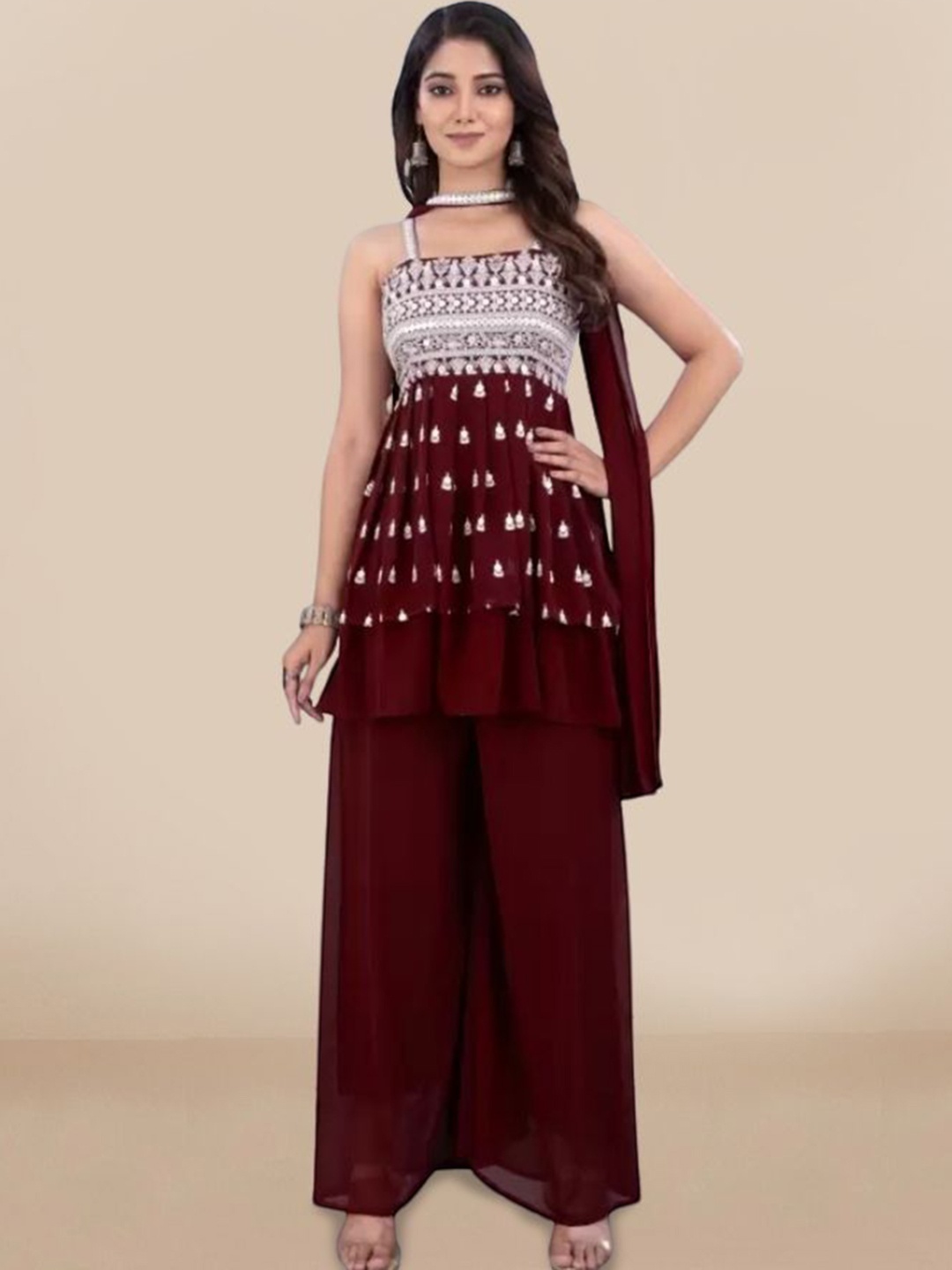 PARROT CREATION Geometric Embroidered Sequinned A-Line Kurti with Sharara & Dupatta, Maroon
PARROT CREATION Geometric Embroidered Sequinned A-Line Kurti with Sharara & Dupatta, Maroon