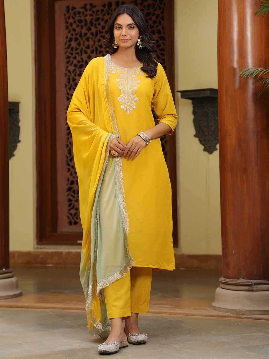 KALINI Floral Embroidered Sequinned Straight Kurta With Trousers And Dupatta, Yellow
KALINI Floral Embroidered Sequinned Straight Kurta With Trousers And Dupatta, Yellow