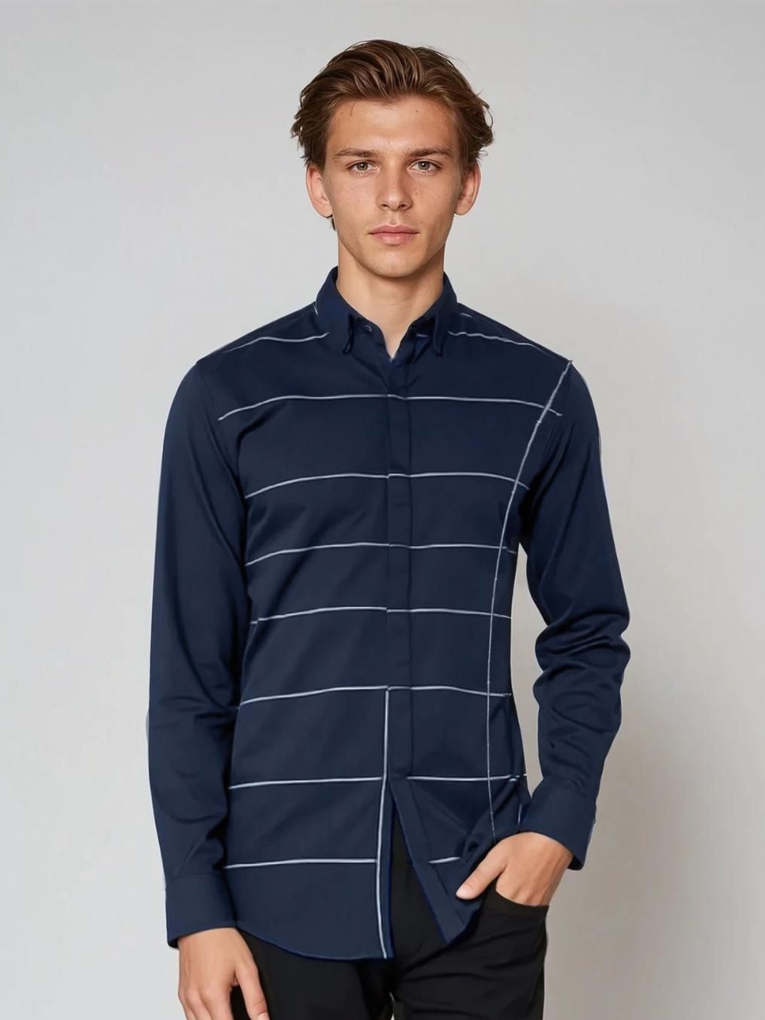 HE SPOKE Men Smart Tailored Fit Horizontal Stripes Opaque Checked Casual Shirt, Navy blue
HE SPOKE Men Smart Tailored Fit Horizontal Stripes Opaque Checked Casual Shirt, Navy blue