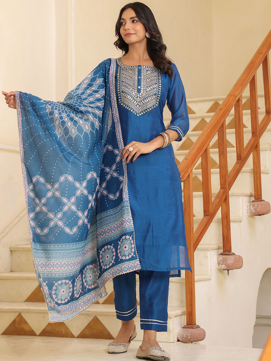 KALINI Floral Embroidered Zari Work Chanderi Silk Straight Kurta With Trousers & Dupatta, Blue
KALINI Floral Embroidered Zari Work Chanderi Silk Straight Kurta With Trousers & Dupatta, Blue