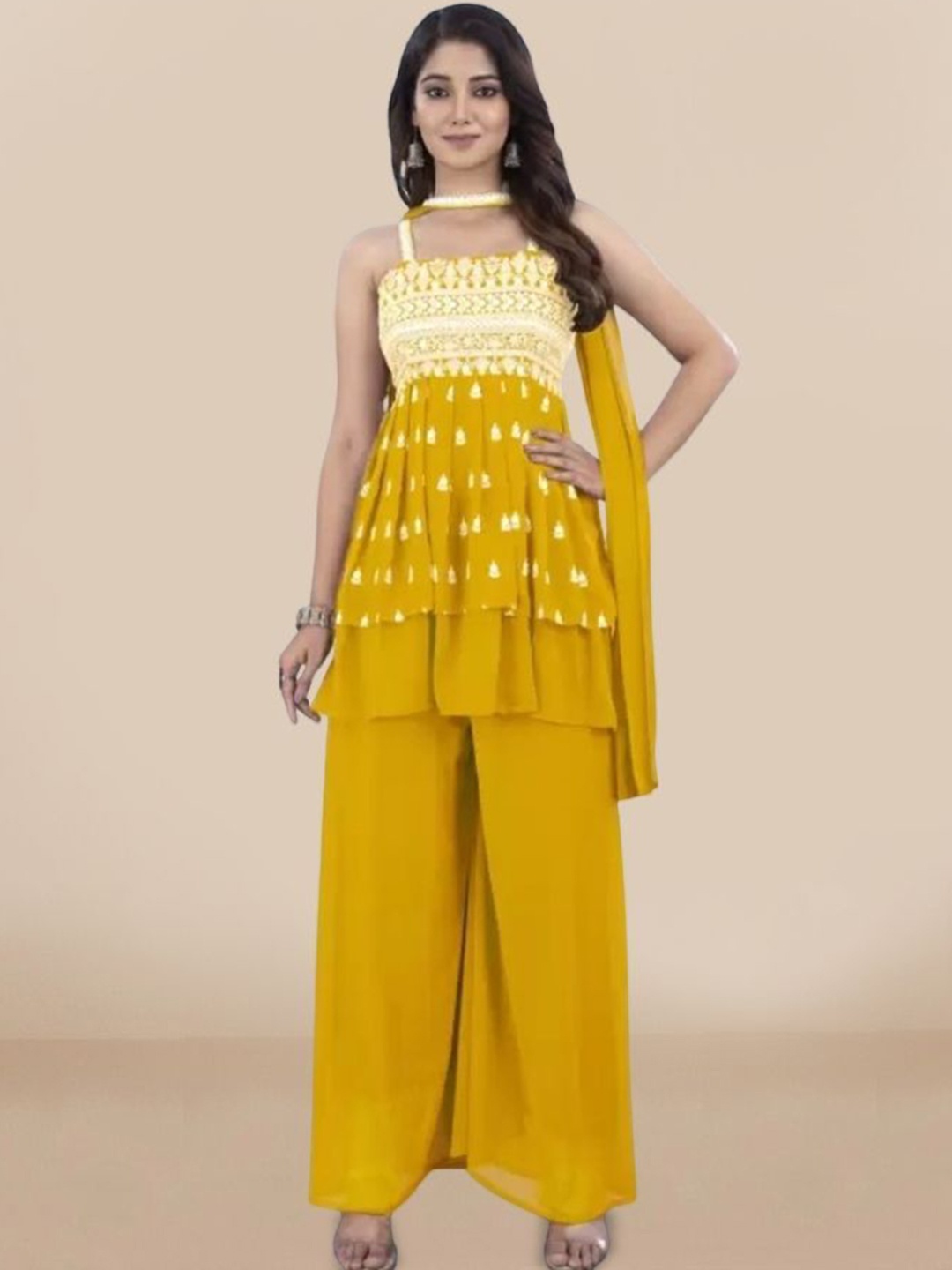 PARROT CREATION Geometric Embroidered Sequinned A-Line Kurti with Sharara & Dupatta, Yellow
PARROT CREATION Geometric Embroidered Sequinned A-Line Kurti with Sharara & Dupatta, Yellow