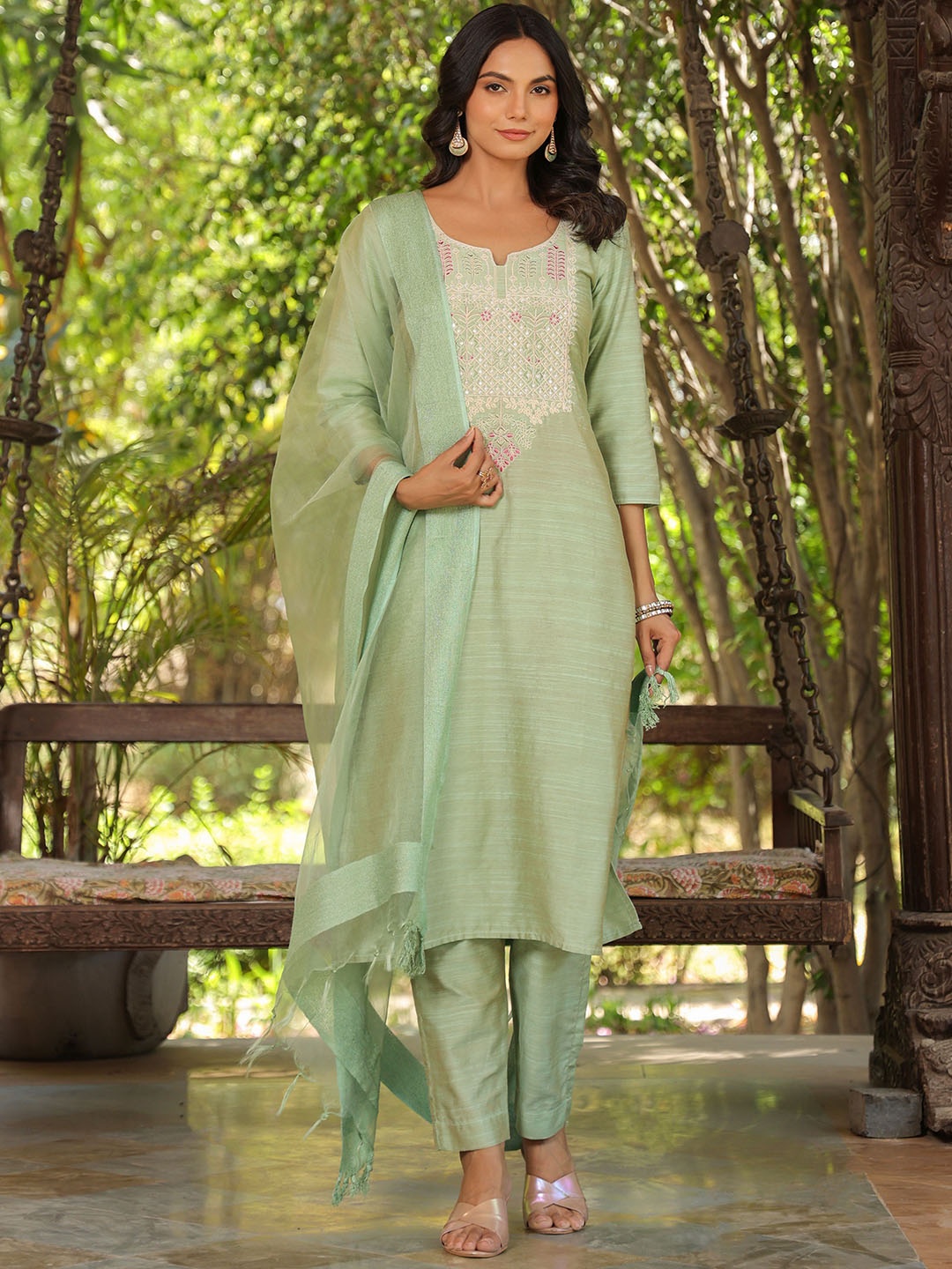 KALINI Floral Embroidered Sequnnied Notch Neck Straight Kurta With Trousers & Dupatta, Sea green
KALINI Floral Embroidered Sequnnied Notch Neck Straight Kurta With Trousers & Dupatta, Sea green