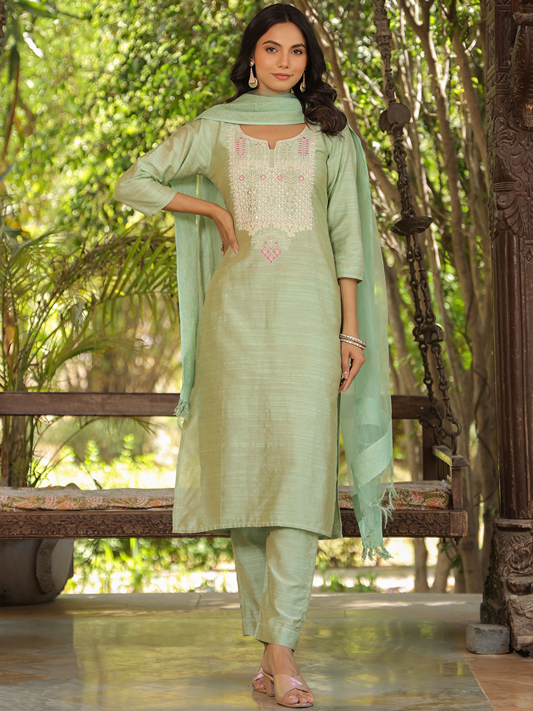 KALINI Floral Yoke Design Sequinned Straight Kurta with Trousers & Dupatta, Sea green
KALINI Floral Yoke Design Sequinned Straight Kurta with Trousers & Dupatta, Sea green