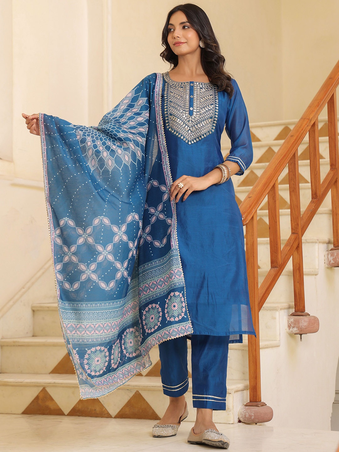KALINI Floral Embroidered Sequnnied Chanderi Silk Straight Kurta With Trousers & Dupatta, Blue
KALINI Floral Embroidered Sequnnied Chanderi Silk Straight Kurta With Trousers & Dupatta, Blue