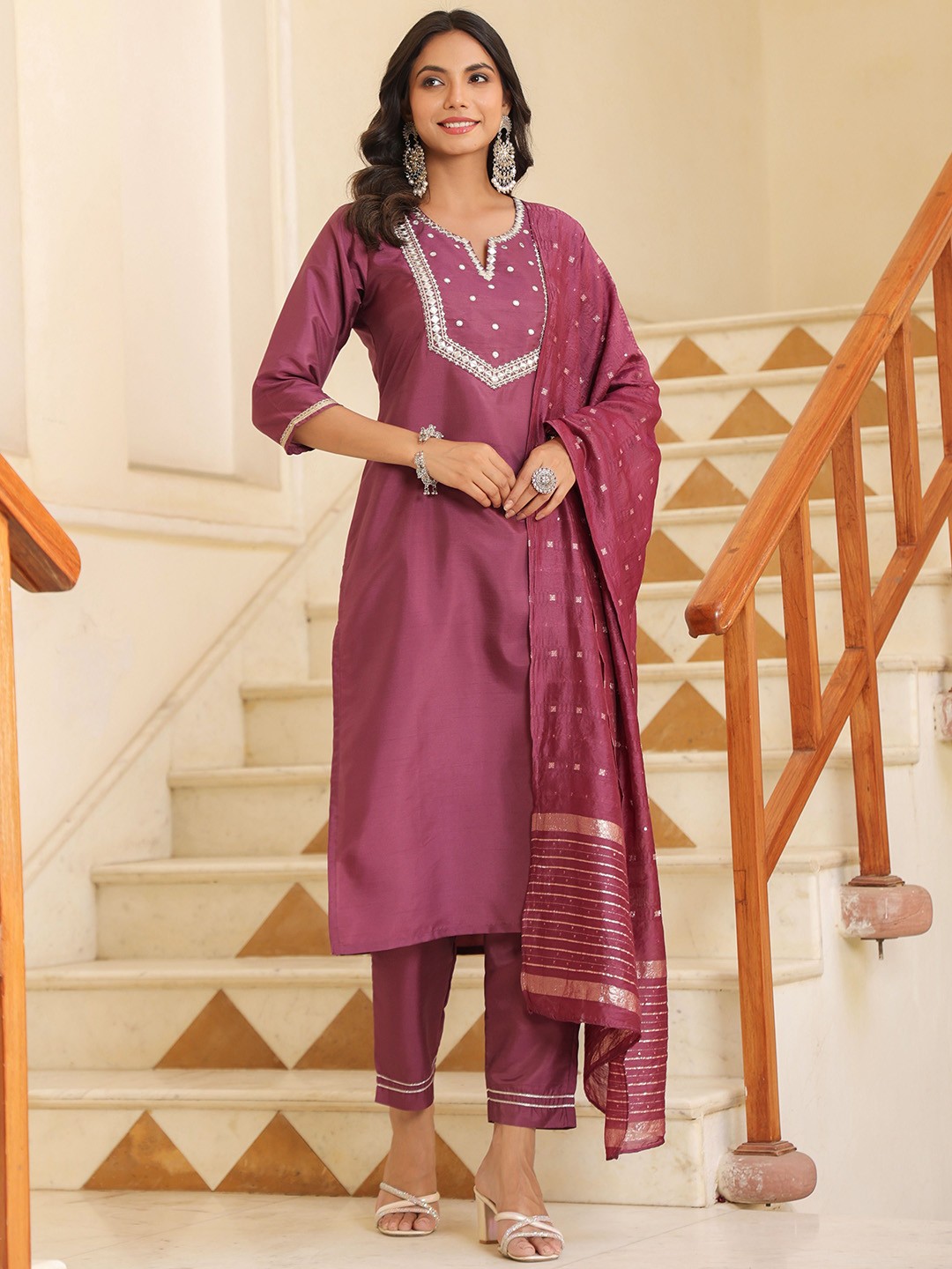 KALINI Geometric Yoke Design Mirror Work Straight Kurta With Trousers & Dupatta, Mauve
KALINI Geometric Yoke Design Mirror Work Straight Kurta With Trousers & Dupatta, Mauve