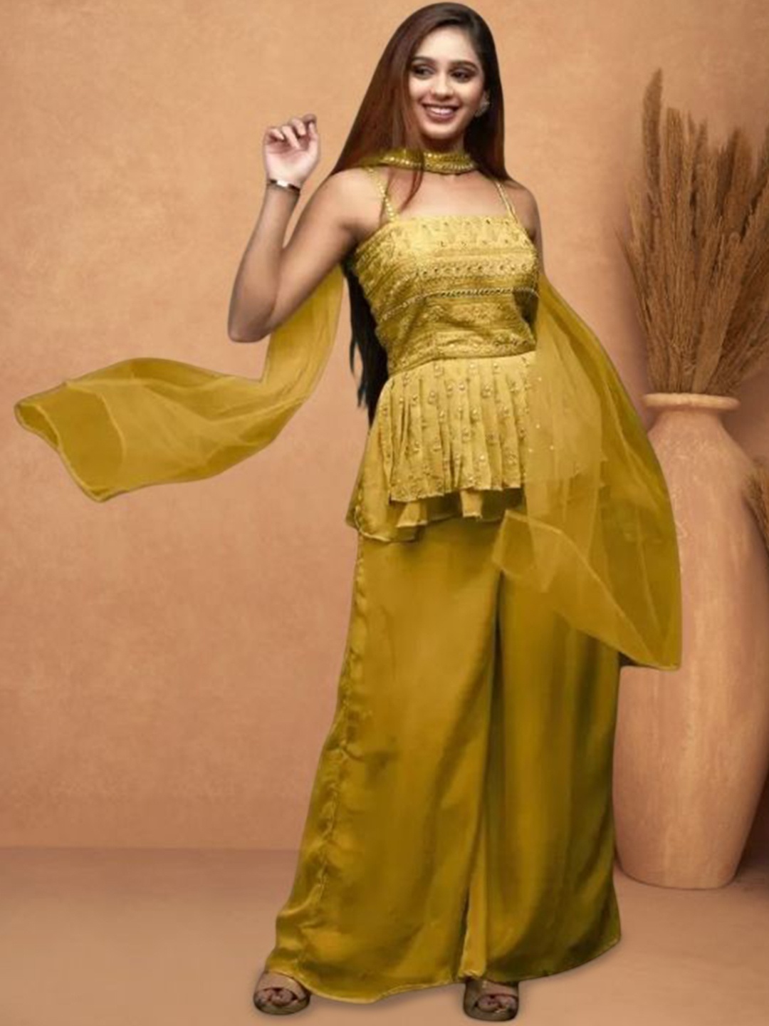 PARROT CREATION Floral Embroidered Sequinned Kurti With Sharara And Dupatta, Yellow
PARROT CREATION Floral Embroidered Sequinned Kurti With Sharara And Dupatta, Yellow