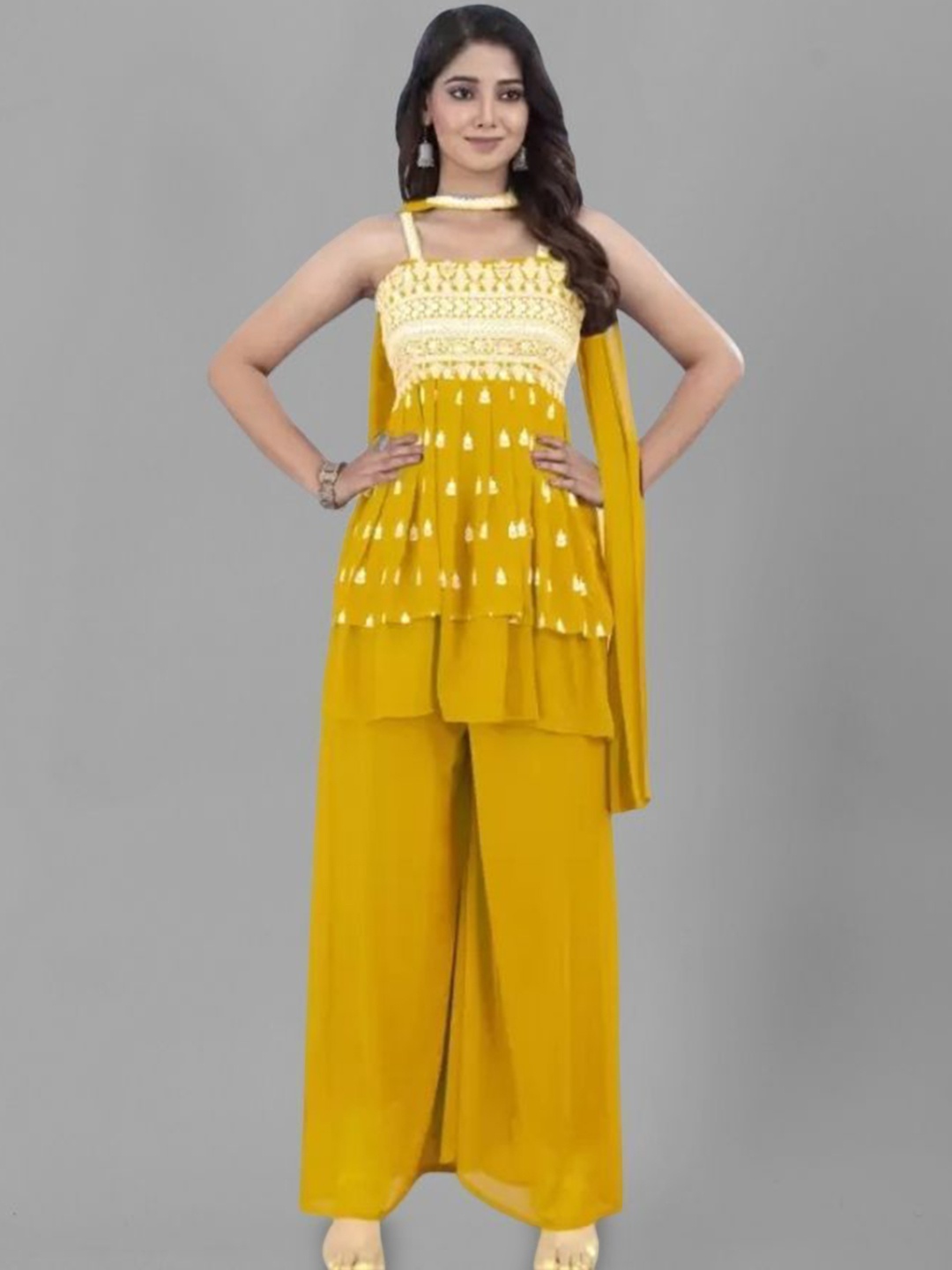 PARROT CREATION Floral Embroidered Sequinned Square Neck Kurti with Sharara & Dupatta, Yellow
PARROT CREATION Floral Embroidered Sequinned Square Neck Kurti with Sharara & Dupatta, Yellow