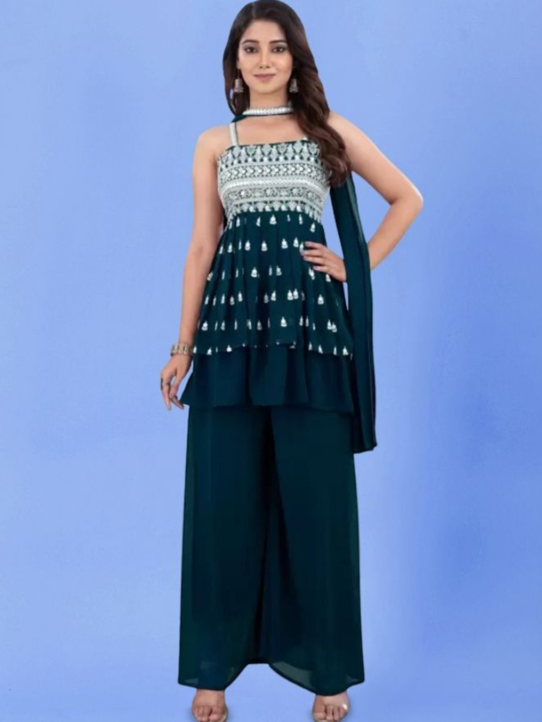 PARROT CREATION Floral Embroidered Sequinned Square Neck Kurti with Sharara & Dupatta, Green
PARROT CREATION Floral Embroidered Sequinned Square Neck Kurti with Sharara & Dupatta, Green