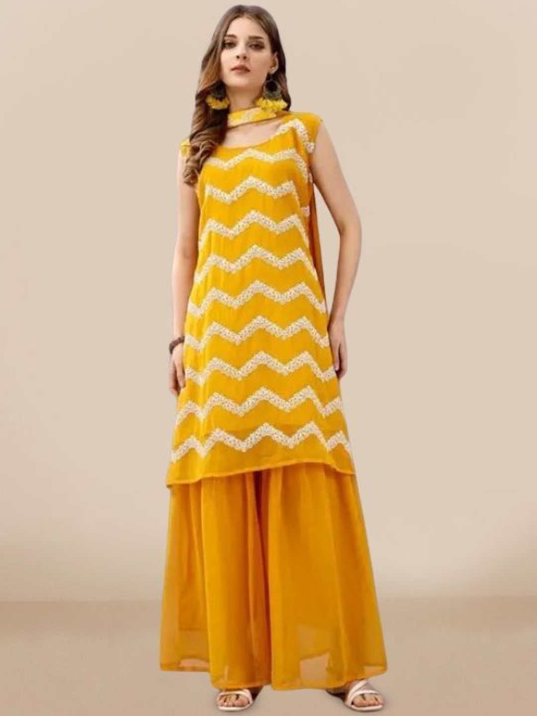 PARROT CREATION Chevron Embroidered Sequinned Georgette Kurti With Sharara And Dupatta, Yellow
PARROT CREATION Chevron Embroidered Sequinned Georgette Kurti With Sharara And Dupatta, Yellow